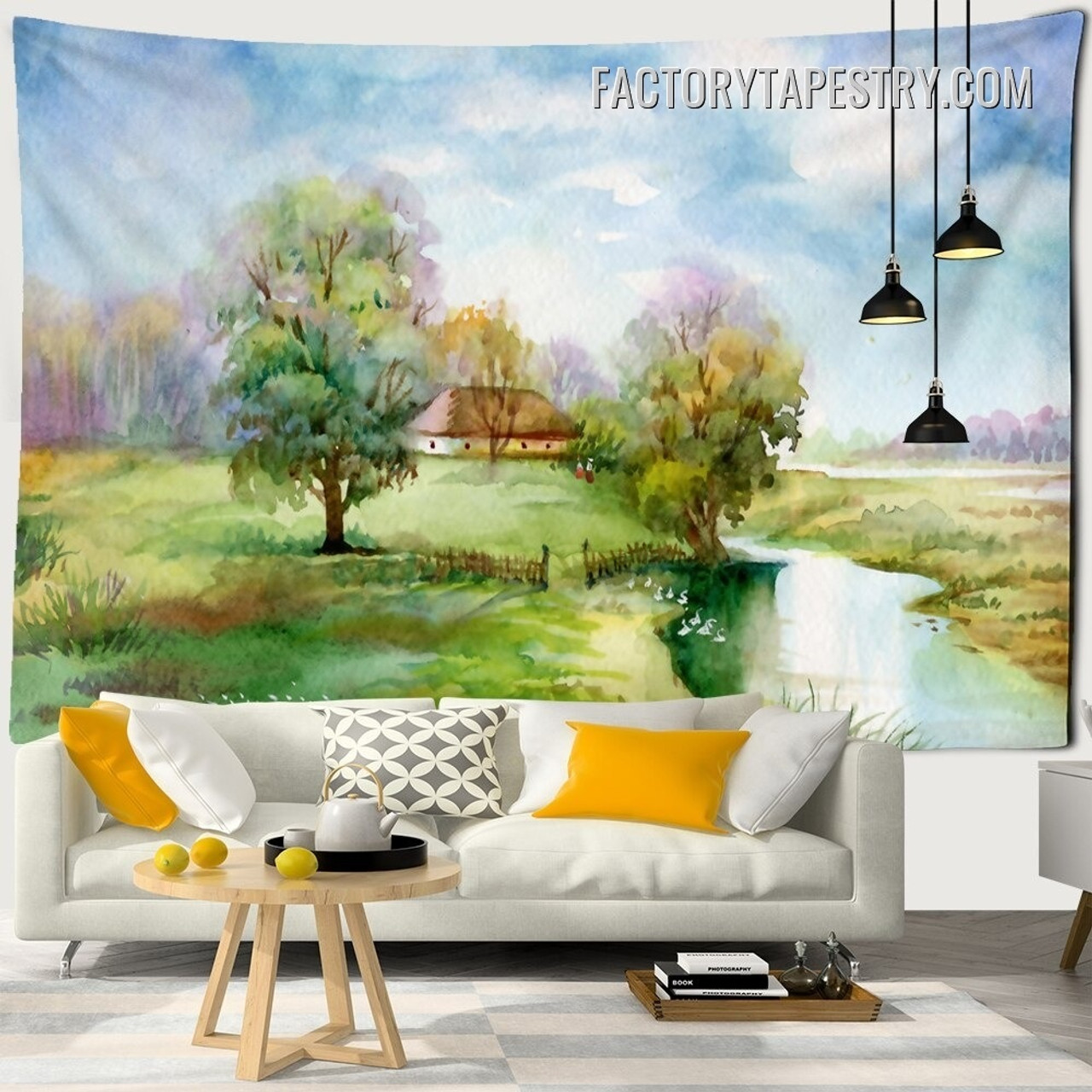 Beautiful Village Watercolor Rural Landscape Modern Wall Decor Tapestry for Living Room Decoration