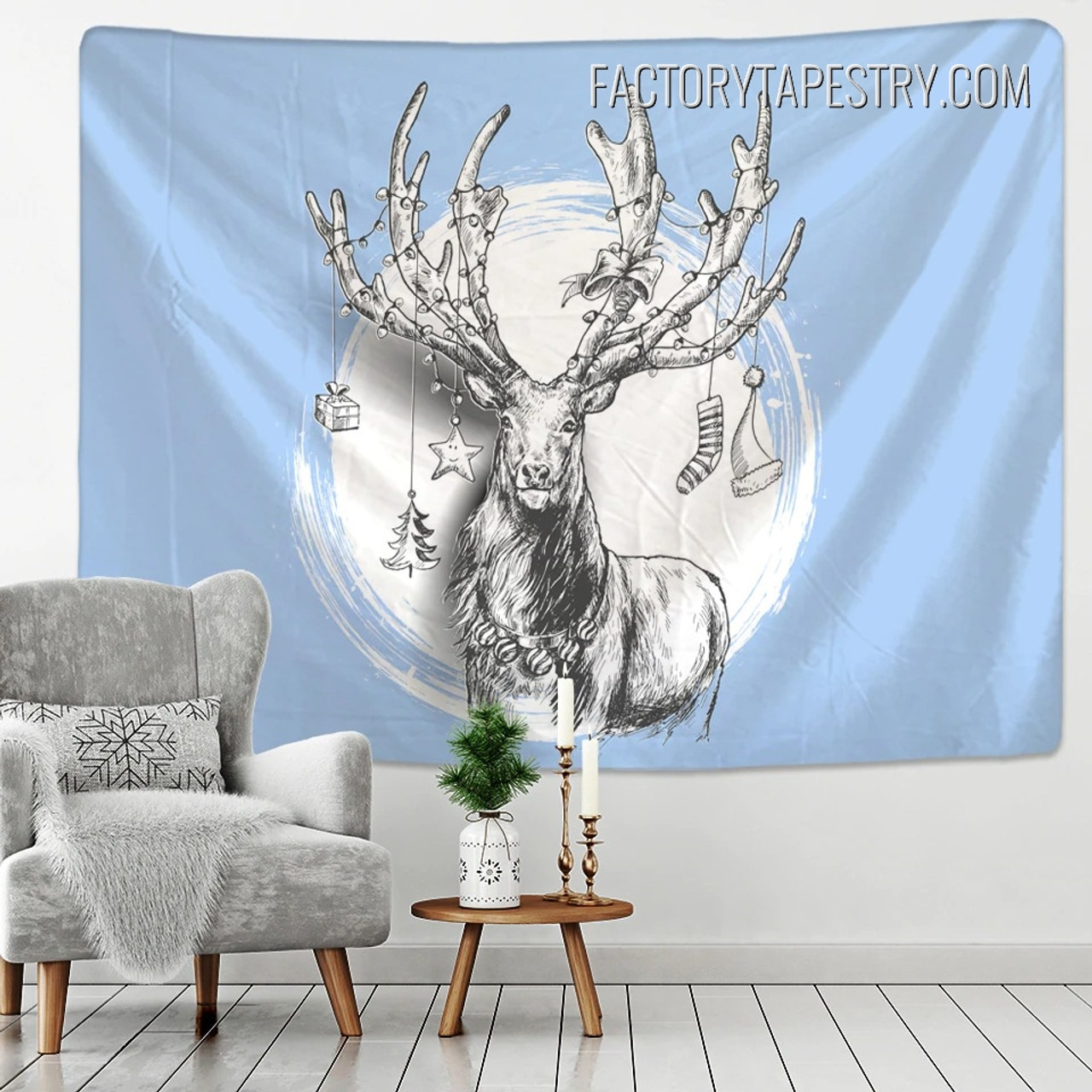 Sketchy Reindeer Animal Christmas Occasion Wall Hanging Tapestry for Living Room Decoration