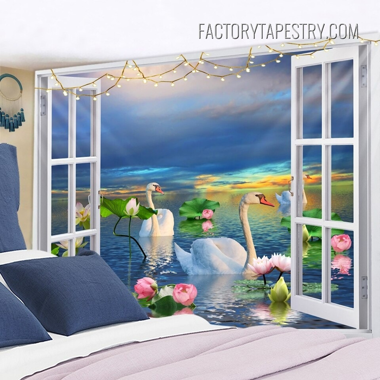 Swan Lake Nature Scenery Seascape Modern Window Wall Hanging Tapestry for Bedroom Decoration