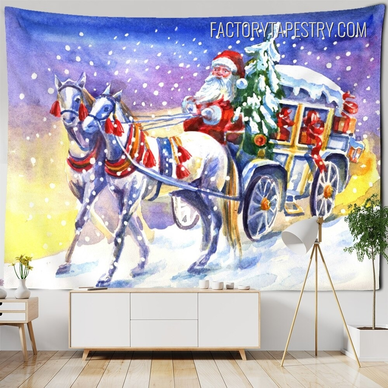 Christmas Horses Christmas Animal Landscape Modern Wall Art Tapestry for Room Decoration