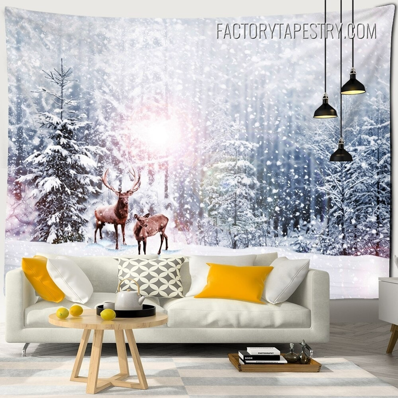 Snow Forest Animal Nature Landscape Modern Wall Art Tapestry for Living Room Decoration