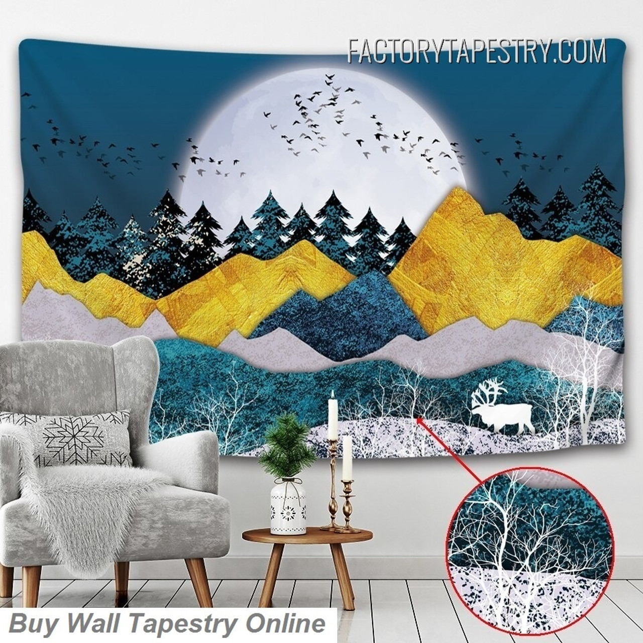 Golden Mountain Nature Landscape Illustration Nordic Wall Art Tapestry for Living Room Decoration