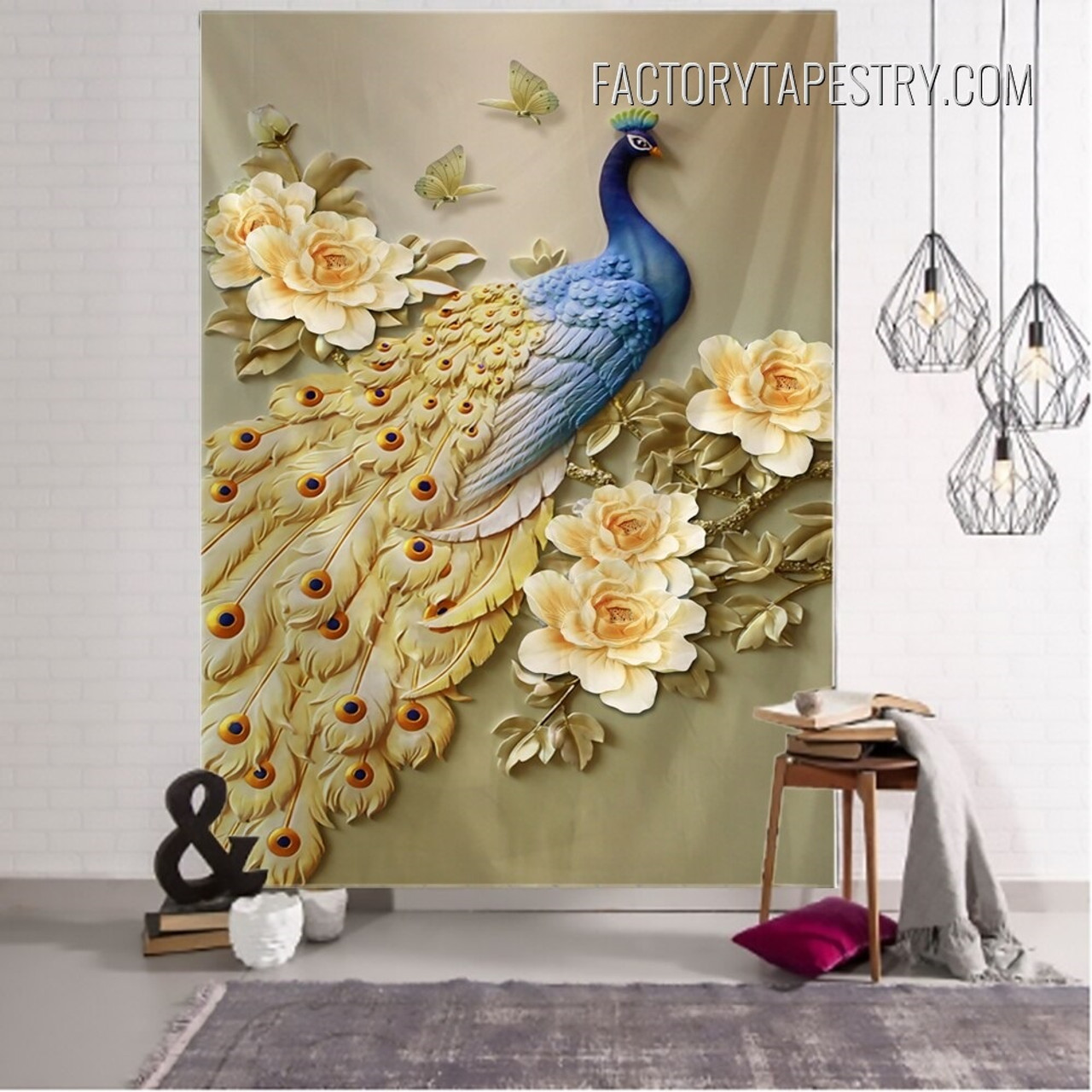 Golden Peacock 3D Abstract Mural Bird Wall Art Tapestry for Living Room Décor