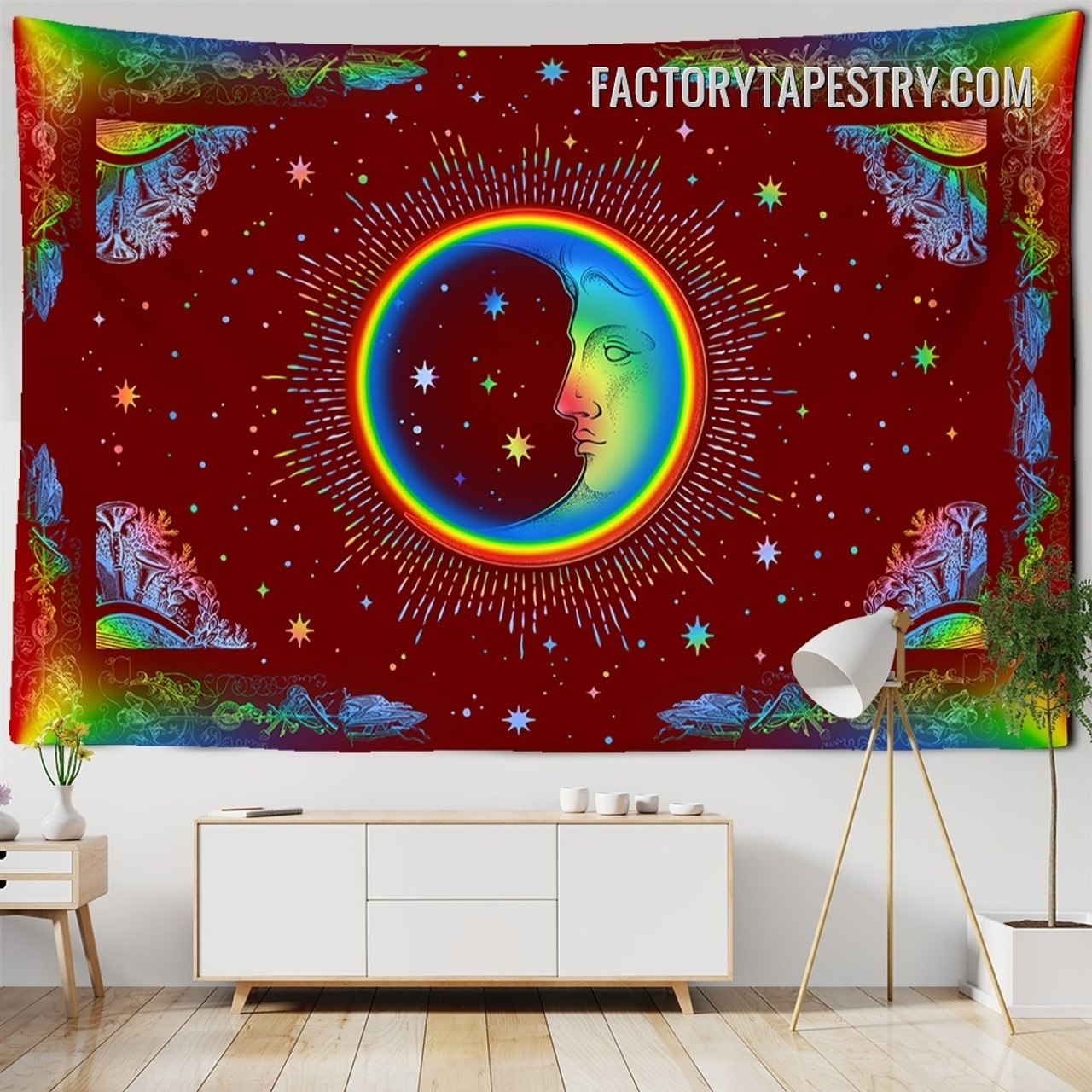 Crescent Moon Rainbow Spiritual Psychedelic Tapestry Wall Art