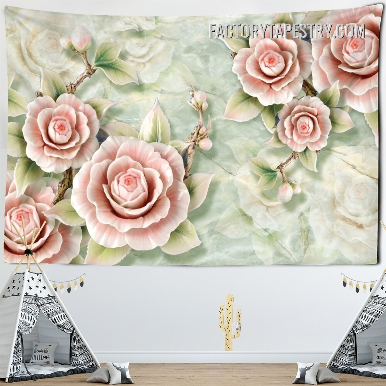 Pink Roses Abstract Floral Modern Wall Art Tapestry