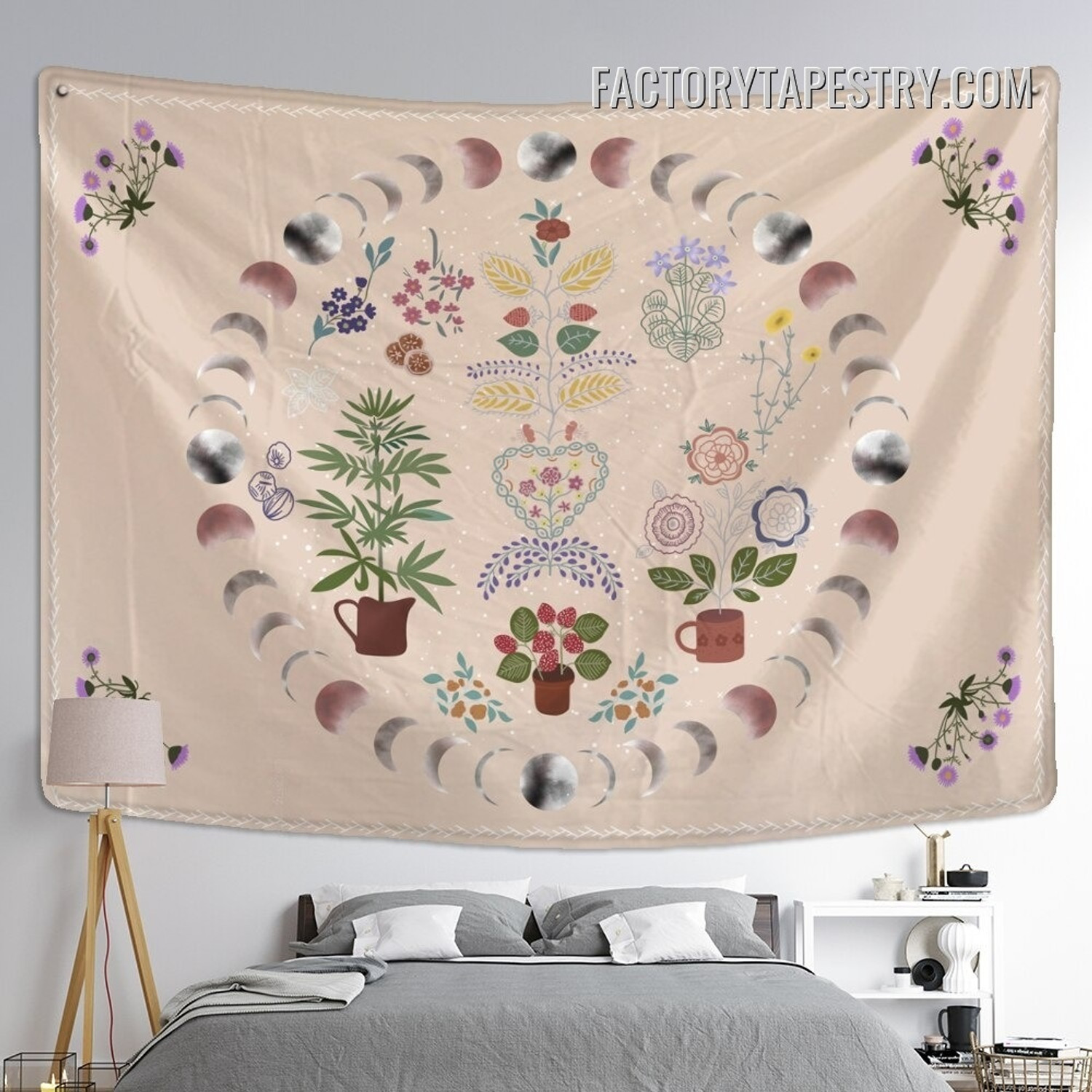 Botanical Moon Phases III Bohemian Wall Hanging Tapestry