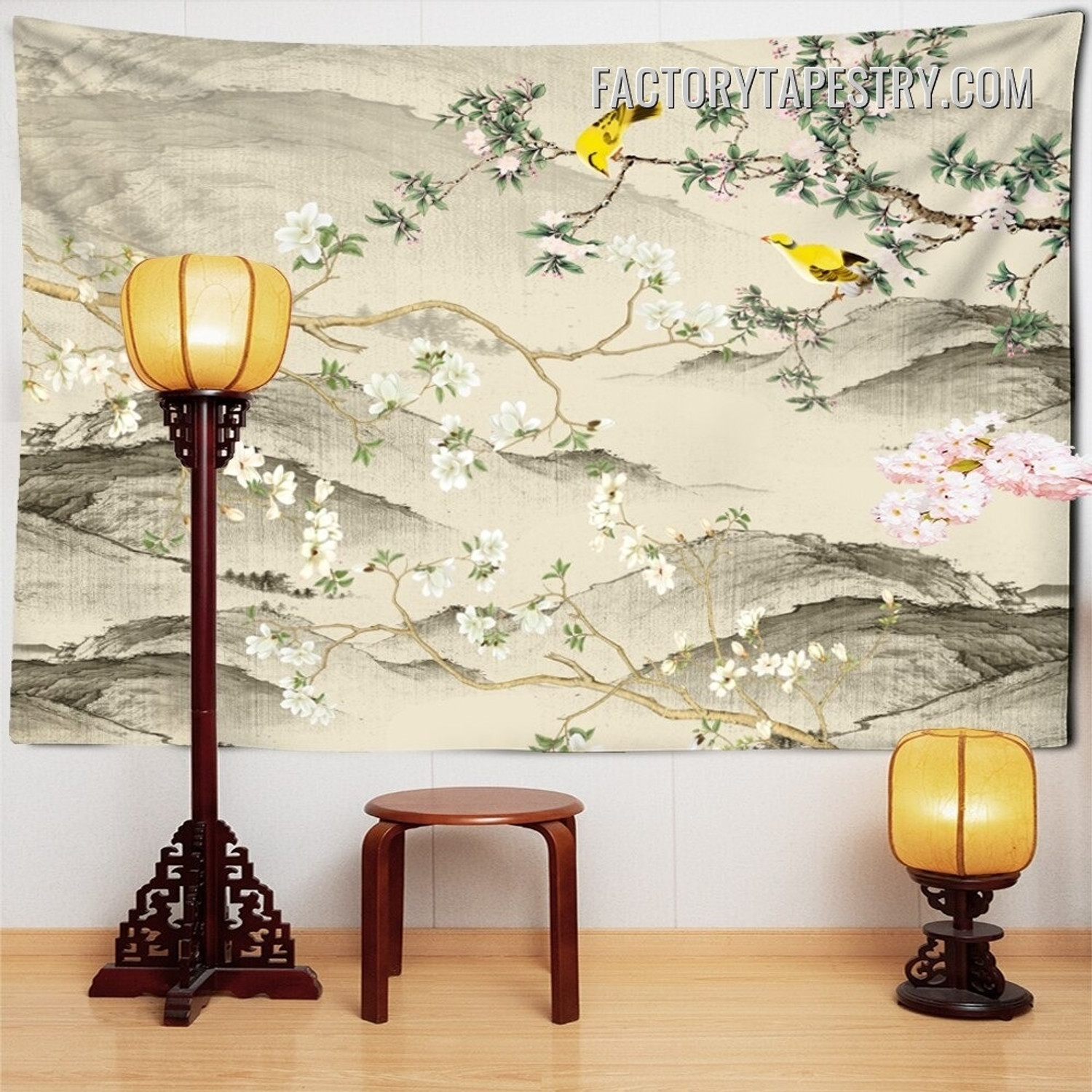 Birds and Flowers IX Floral Retro Wall Hanging Tapestry