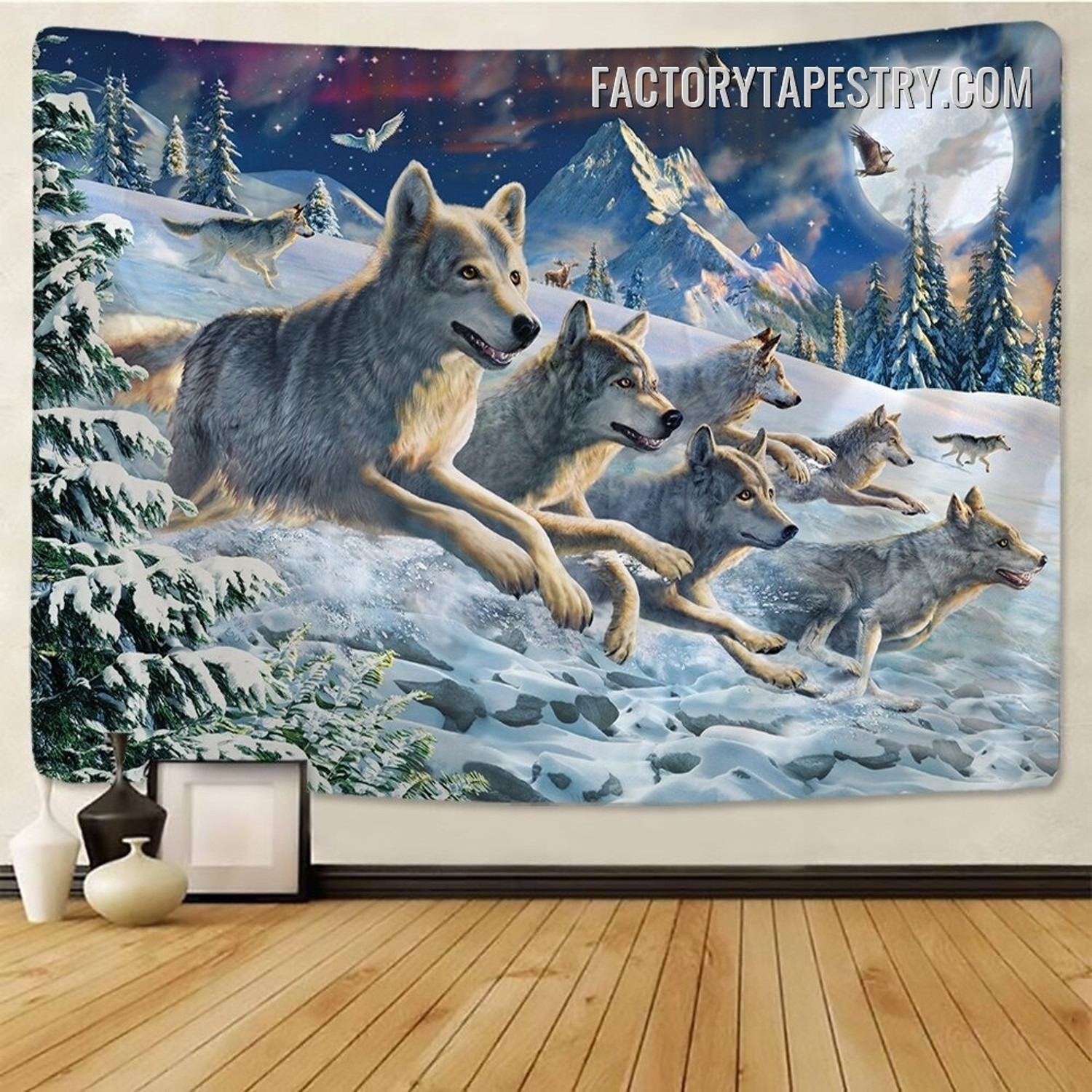 Wolf Herd Animal Landscape Psychedelic Tapestry Wall Art