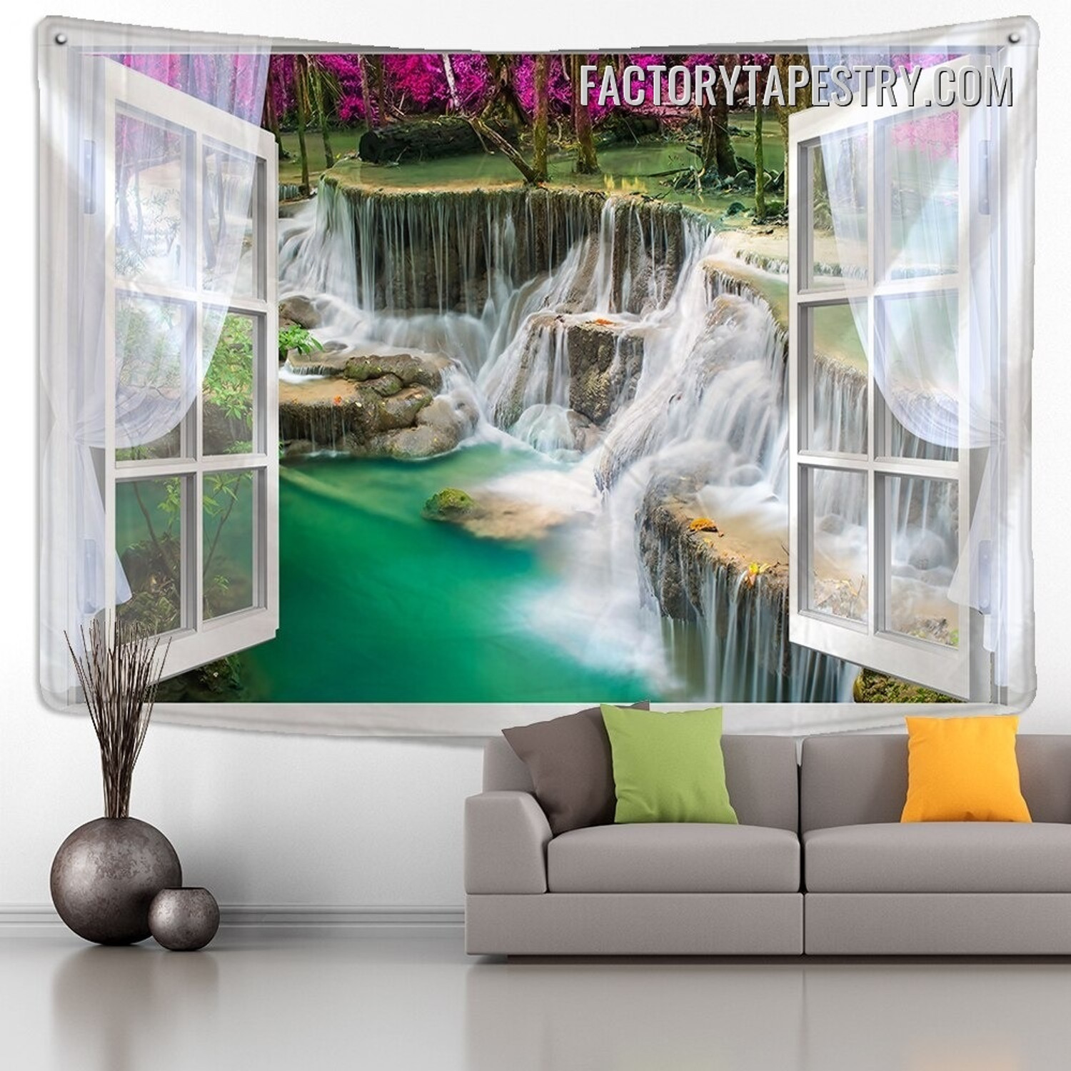 Window Waterfall View Landscape Nature Modern Wall Hanging Tapestry for Home Decor