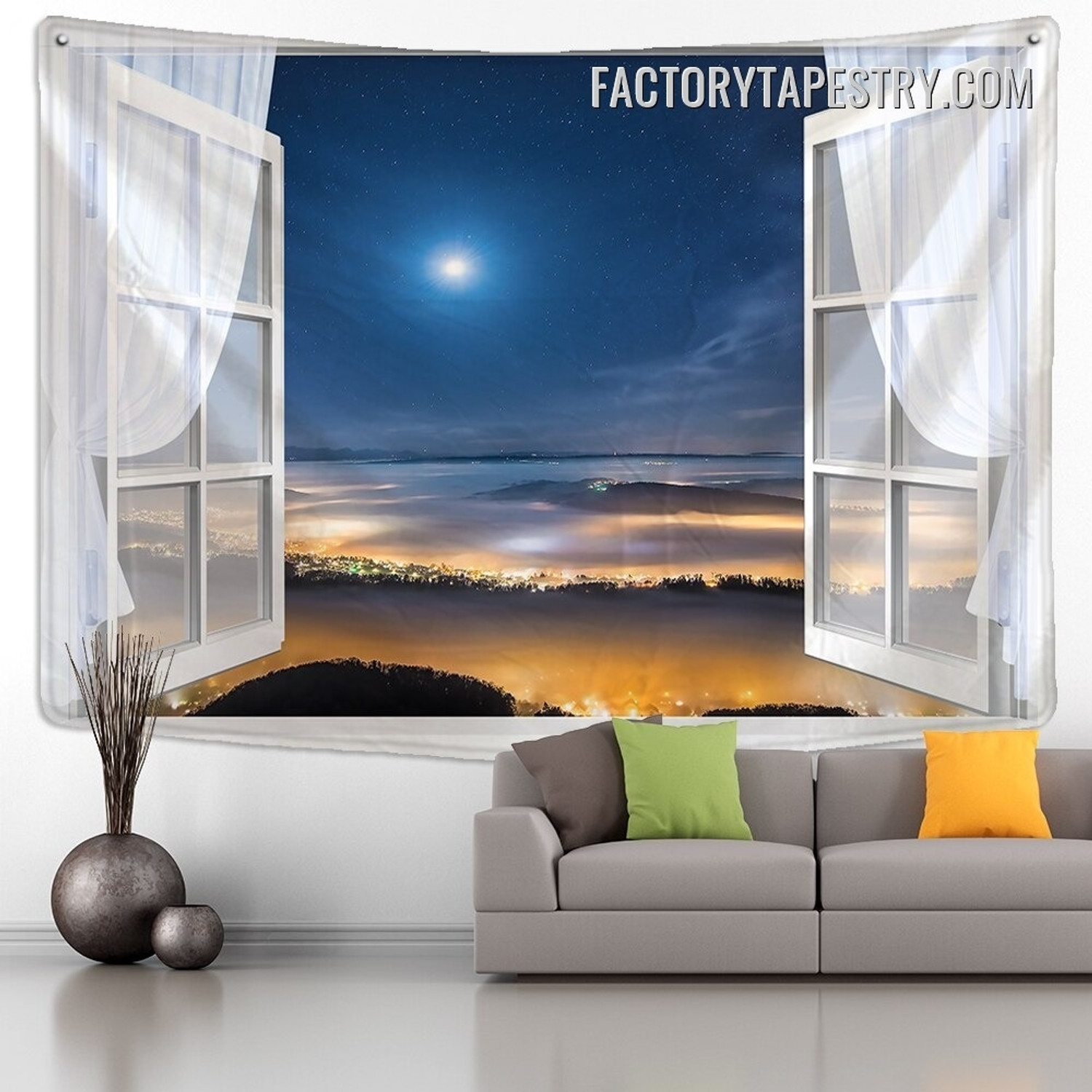 Night Ocean View Window Nature Landscape Modern Wall Hanging Tapestry