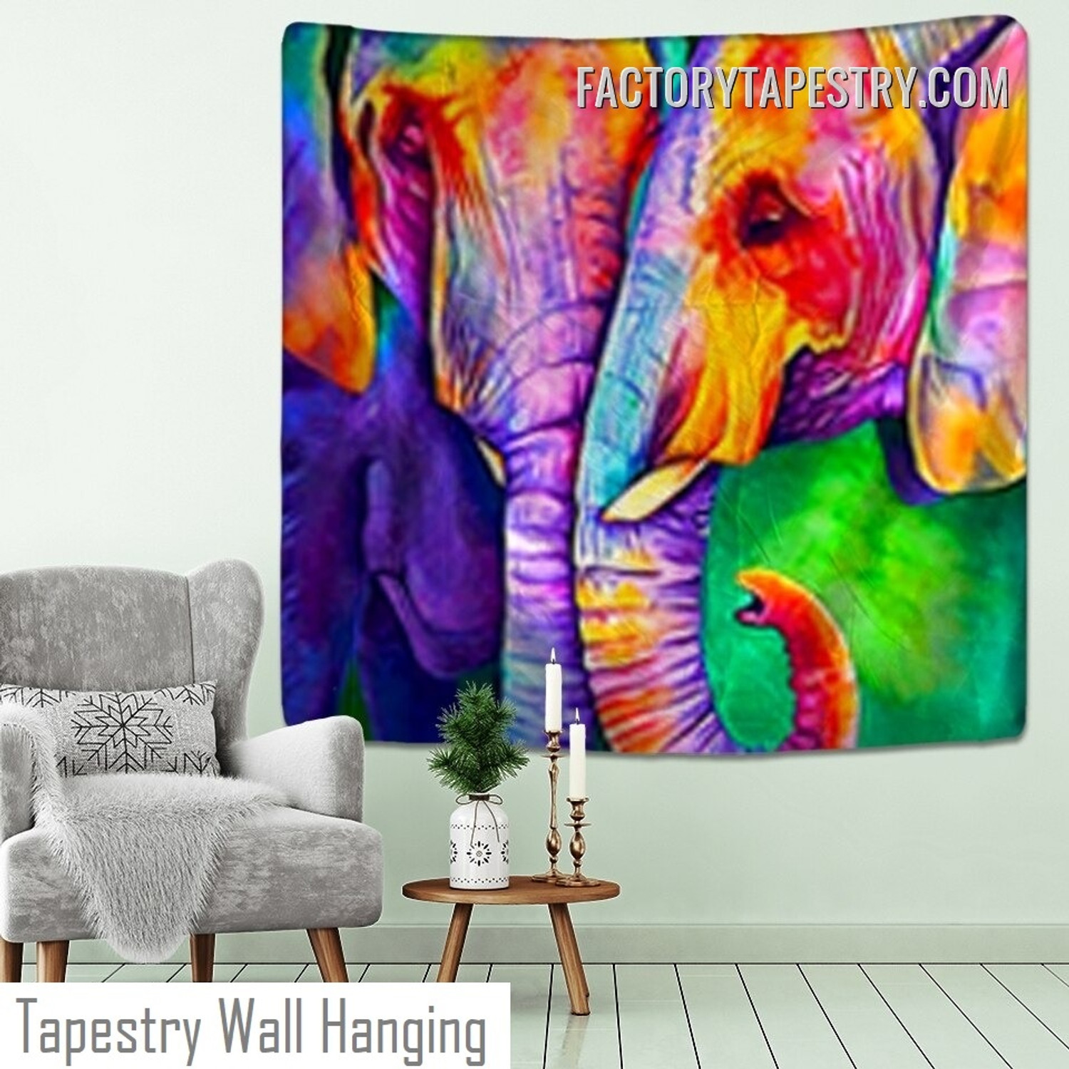 Colorful Two Elephants Abstract Animal Modern Wall Hanging Tapestry for Home Décor