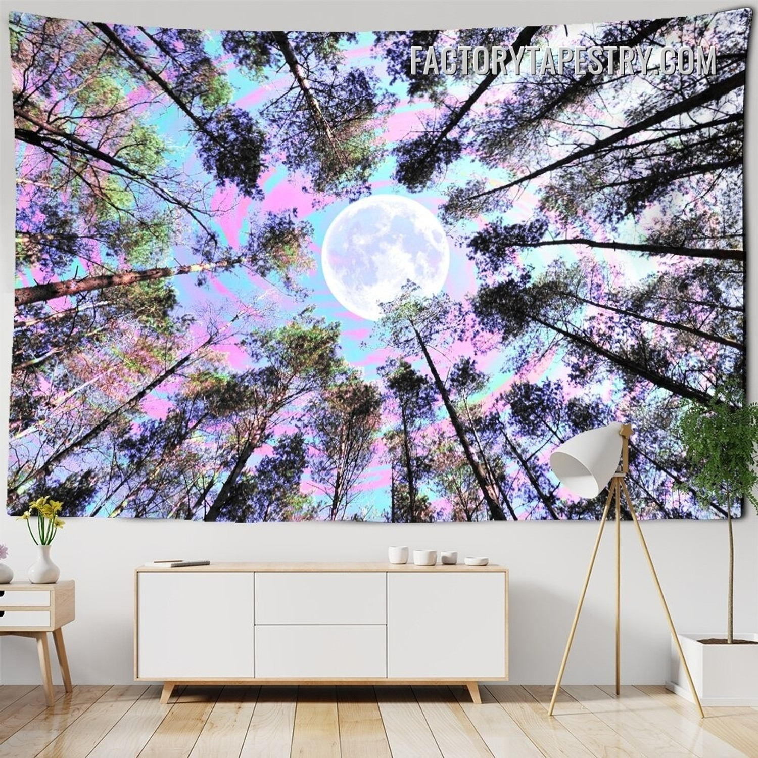 Moon Behind Trees Forest Psychedelic Wall Hanging Tapestry for Home Décor