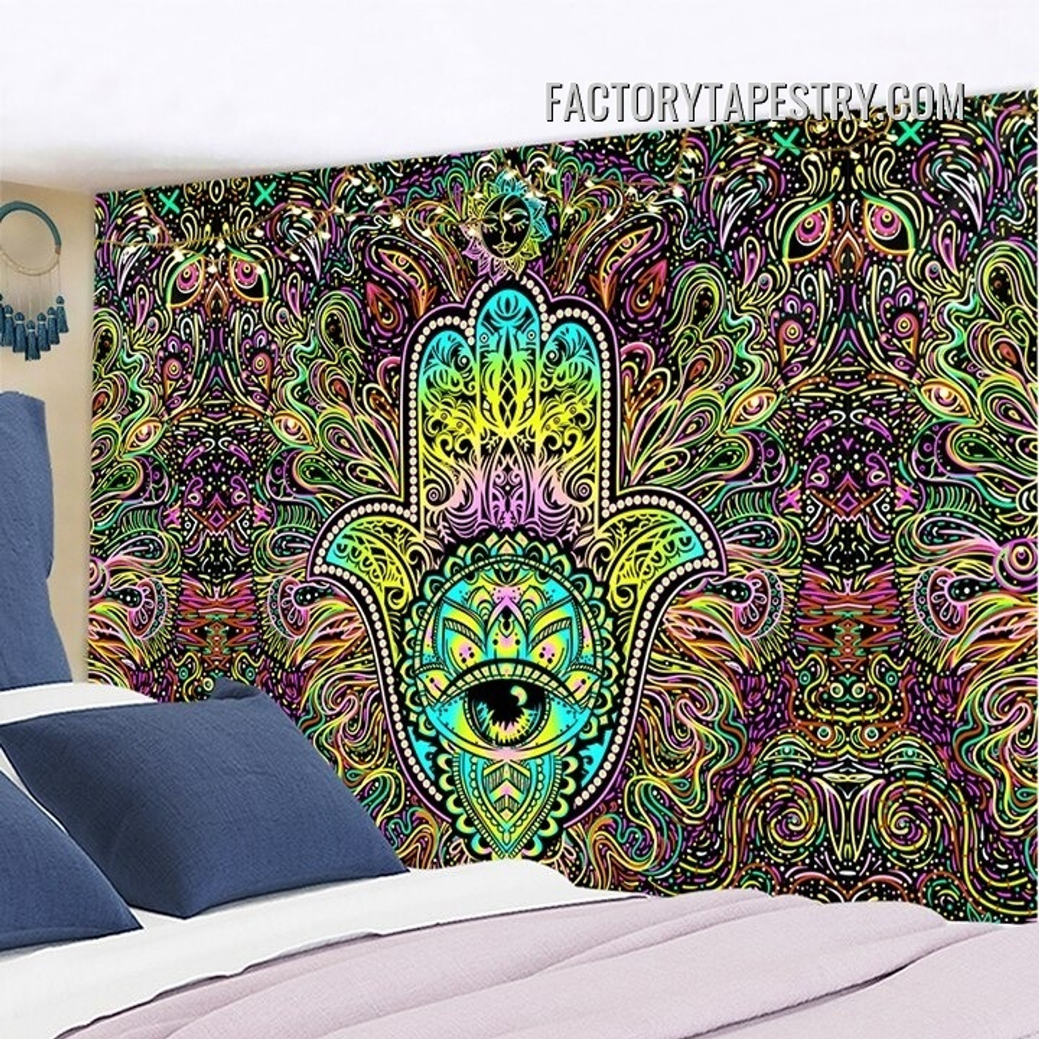 Hamsa Hand of Fatima Spiritual Mandala Psychedelic Wall Art Tapestry for Living Room