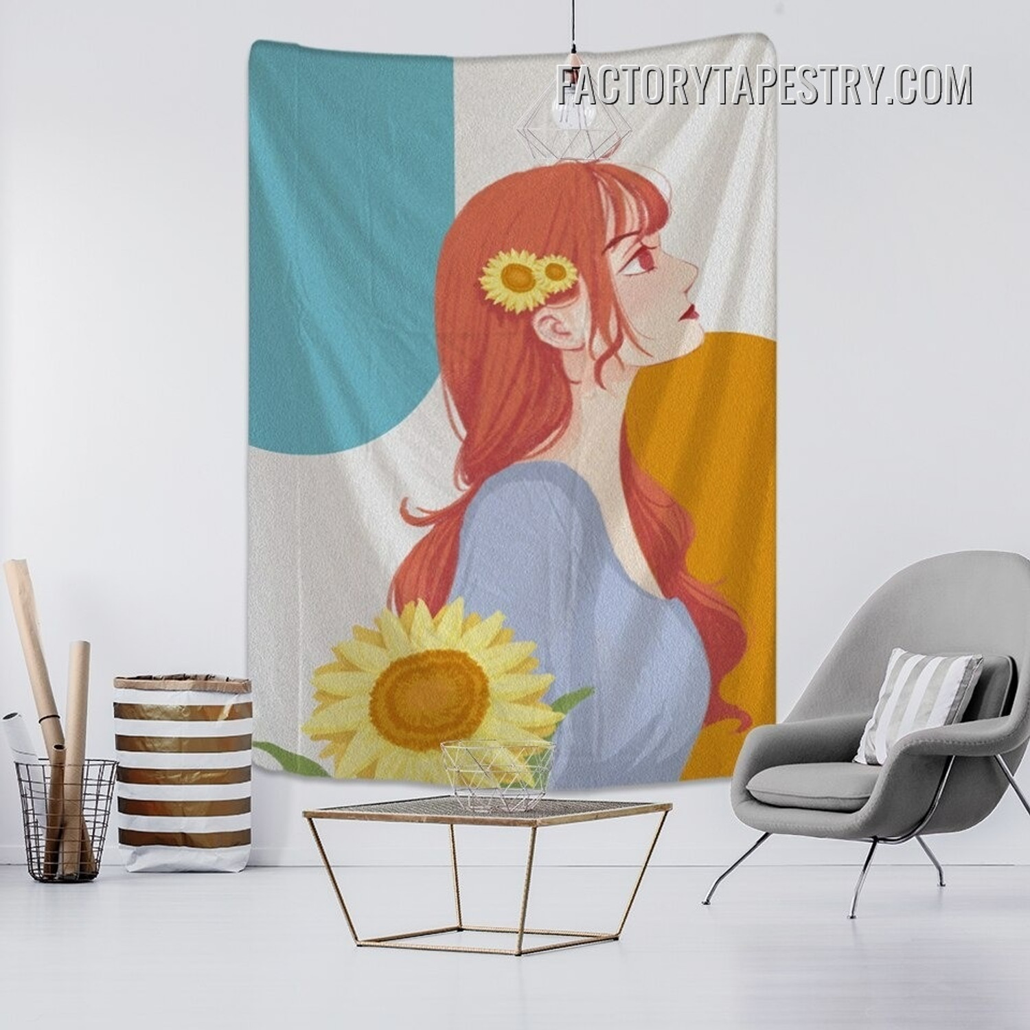 Sunflower Girl Abstract Floral Figure Nordic Morandi Wall Hanging Tapestry for Home Dorm Living Room