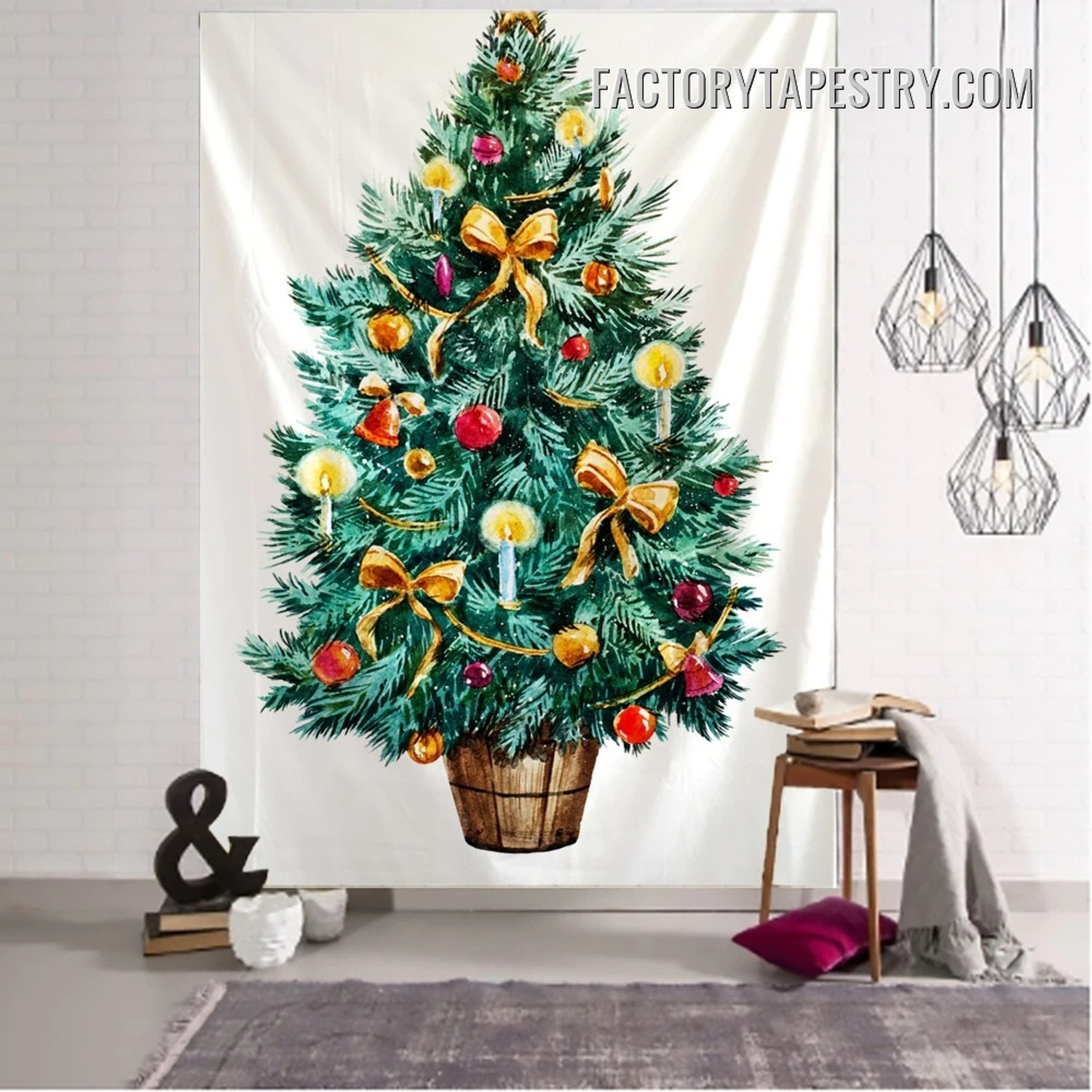 Decorated Christmas Tree Occasion Modern Wall Hanging Tapestry for Bedroom Living Room