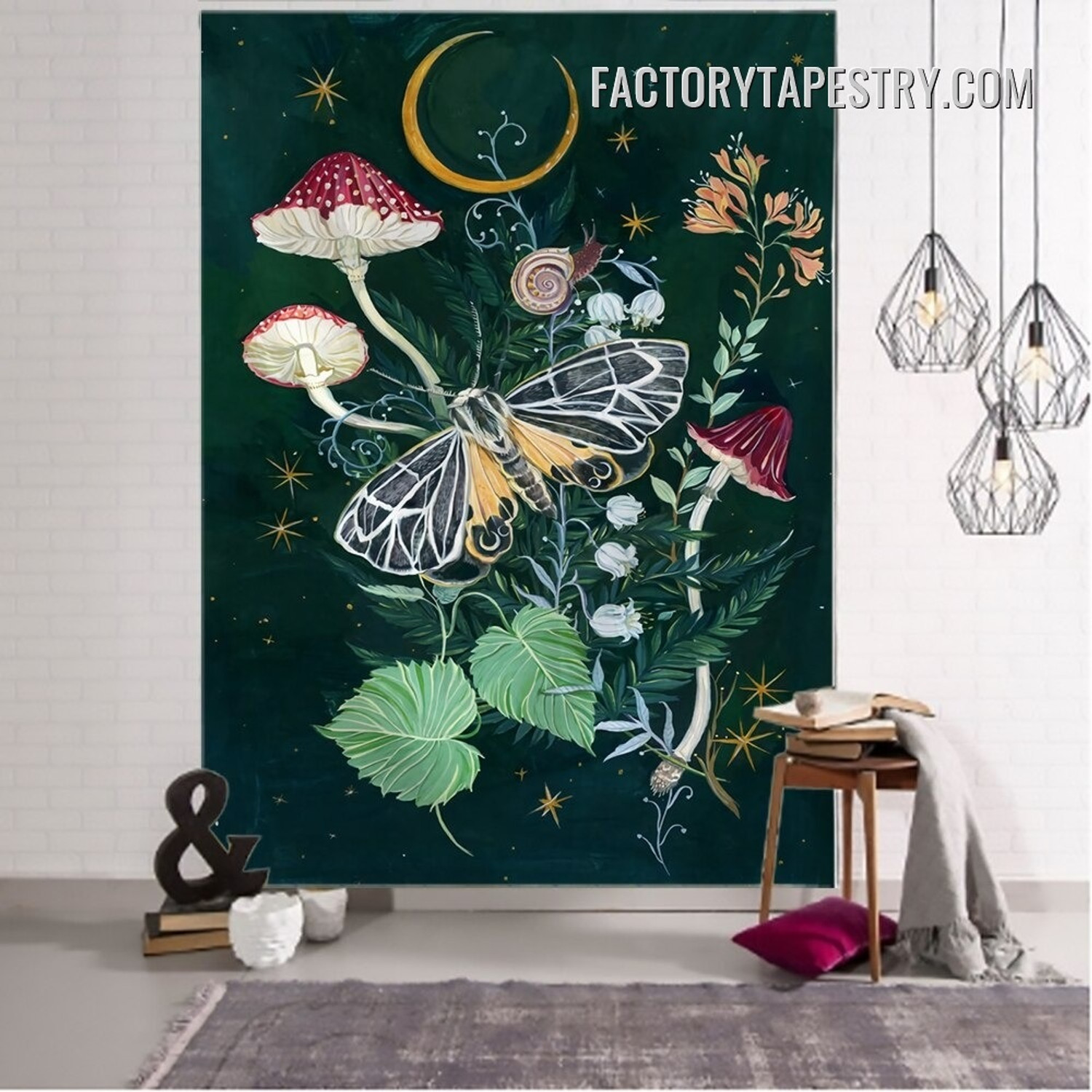 Mushroom and Moth Animal Floral Psychedelic Tapestry Art