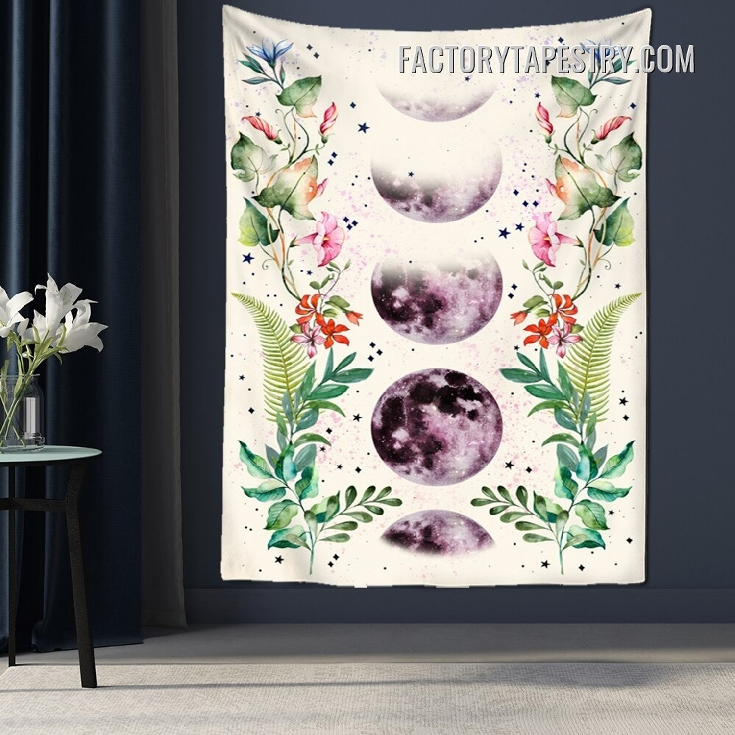 Moon Phases II Floral Psychedelic Tapestry Art