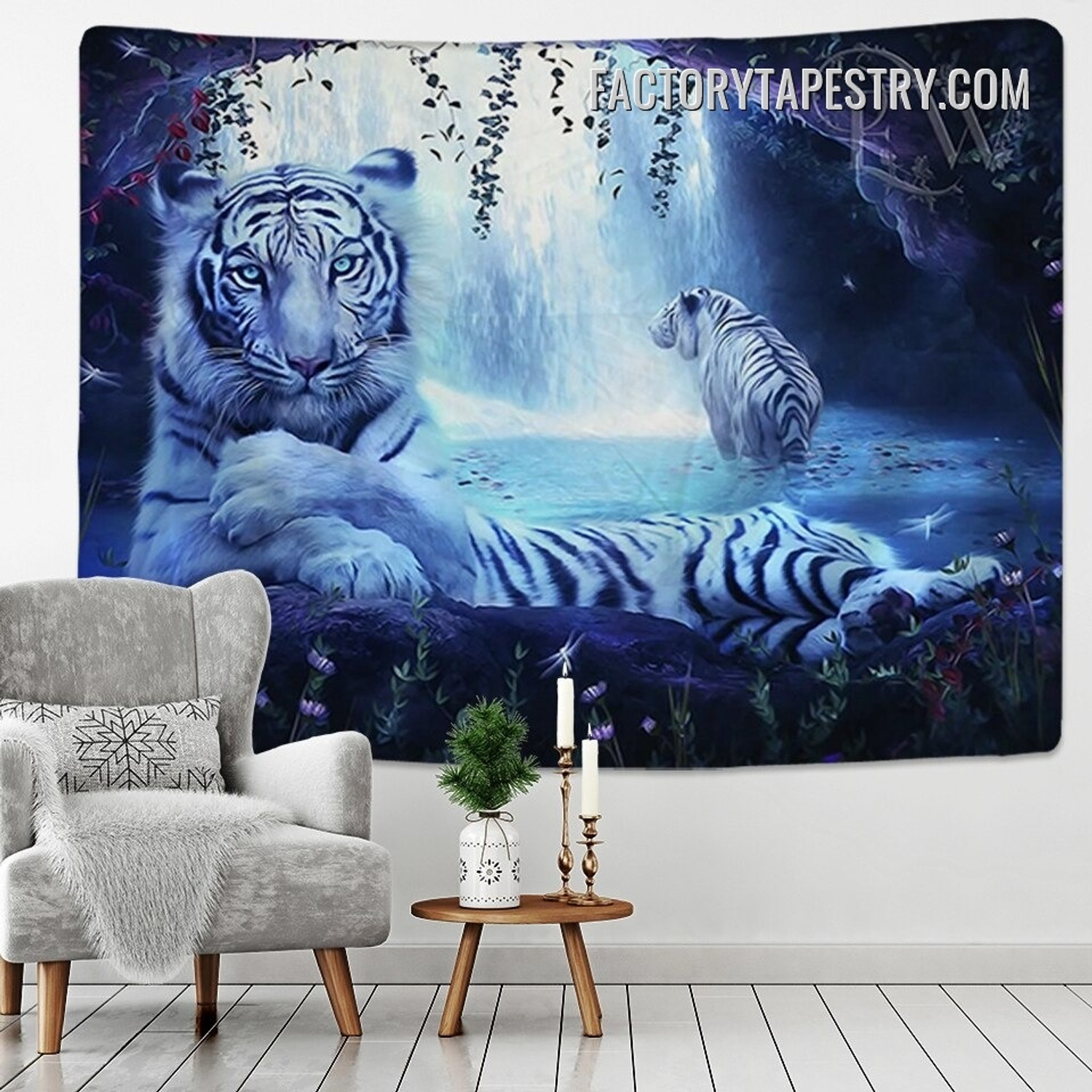 White Tigers Animal Landscape Modern Wall Art Tapestry for Dorm Room Décor