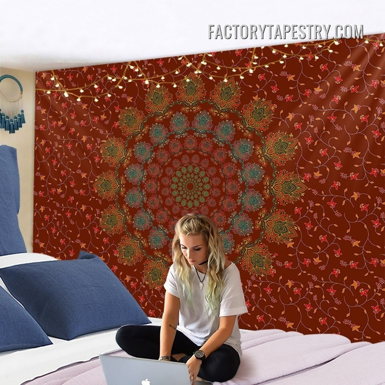 Floral Mandala Pattern Bohemian Hippie Wall Hanging Tapestry for Living Room Décor