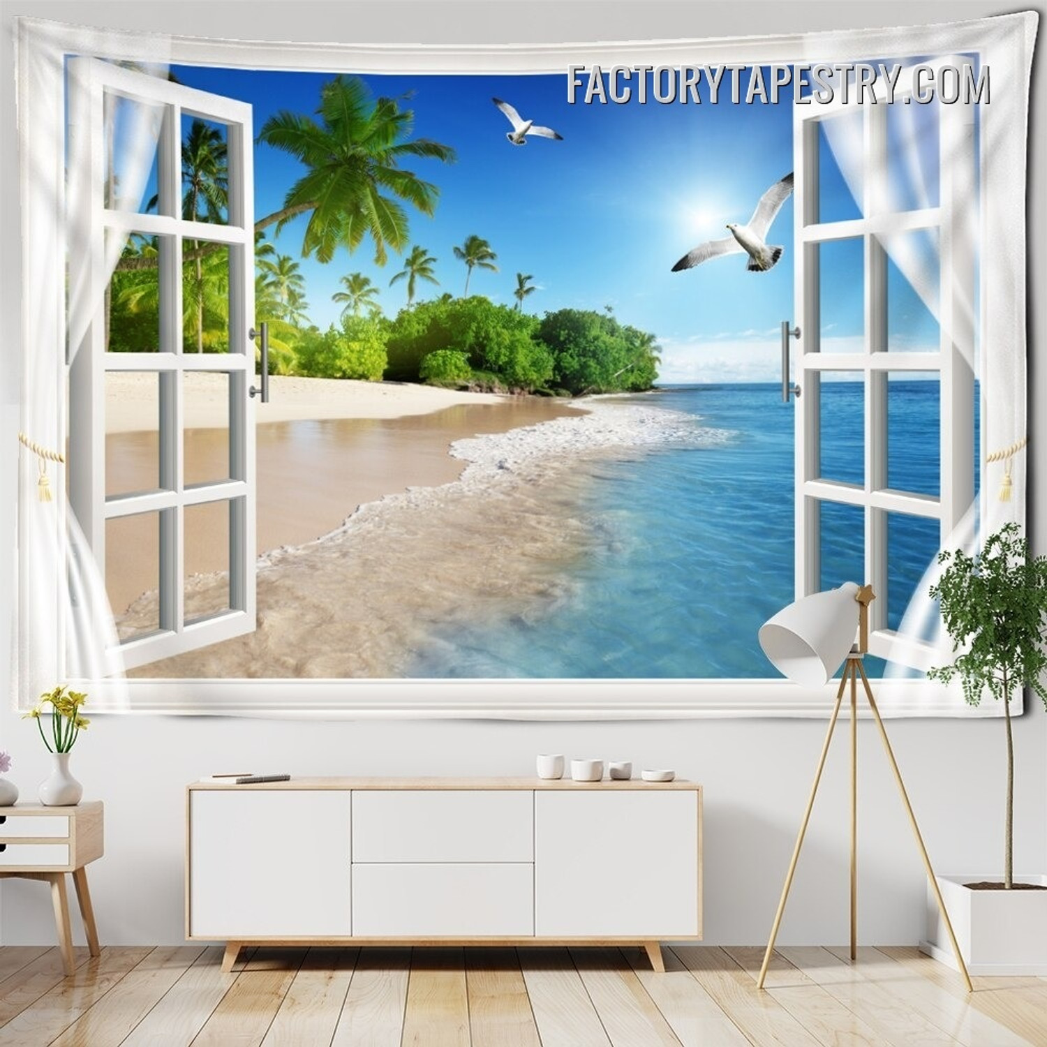 Beach Window View Nature Landscape Modern Wall Hanging Tapestry for Bedroom Decoration