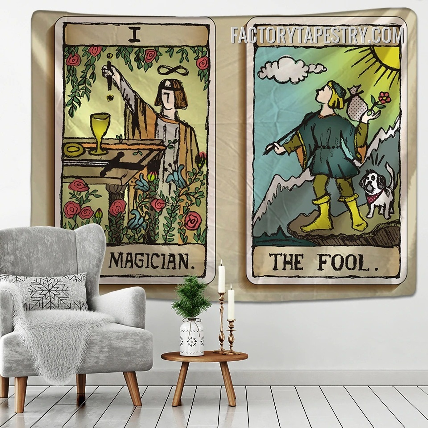 Magician and the Fool Medieval Europe Divination Vintage Tarot Card Tapestries Mysterious Wall Hanging Tapestry for Home Décor