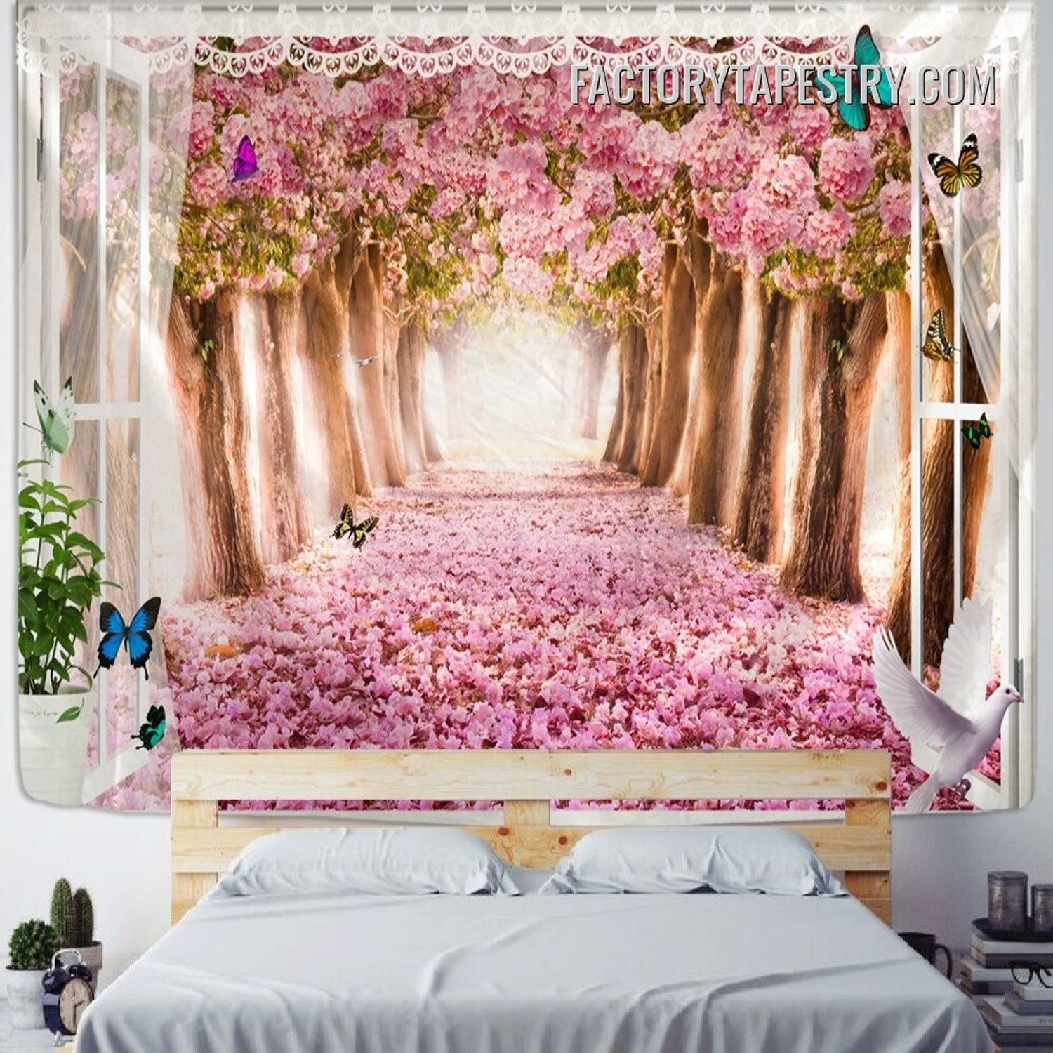 Blooming Forest Path Floral Landscape Modern Wall Hanging Tapestry for Living Room Decoration