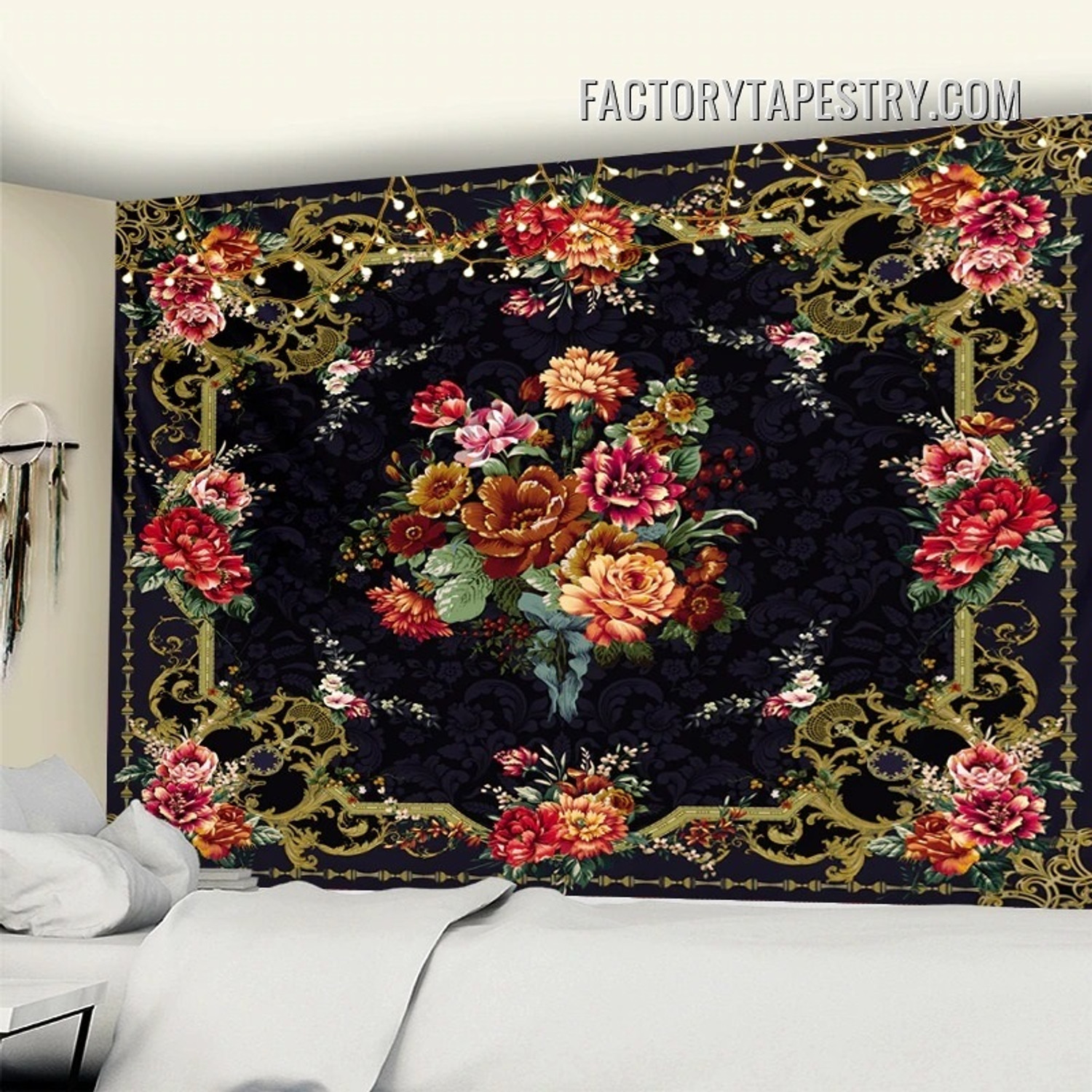 Decorative Border Flowers Medieval Gothic Renaissance Style Vintage Wall Art Tapestry for Bedroom