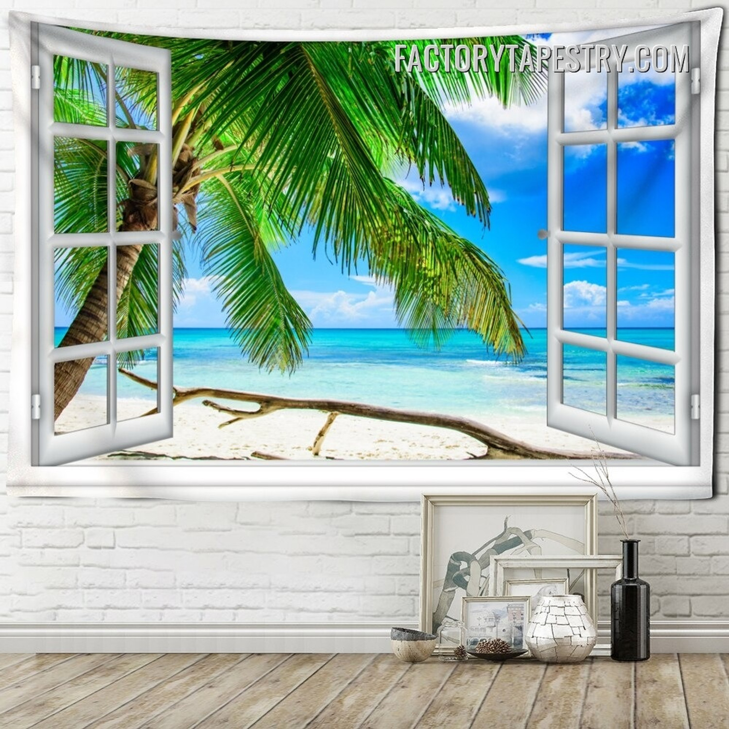 Window View Palm Trees Nature Landscape Modern Wall Hanging Tapestry for Living Room Home Décor