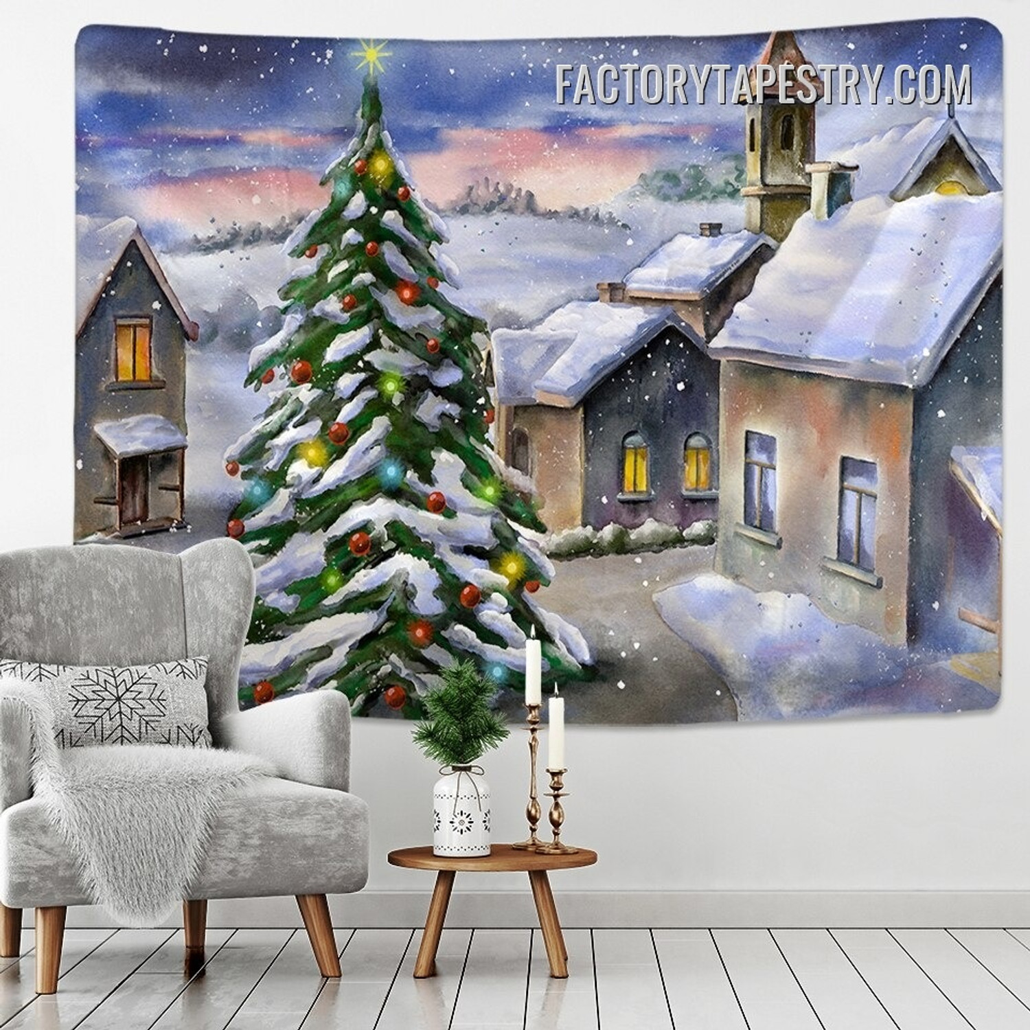 Snowy Landscape Christmas Tree Occasion Modern Wall Art Tapestry for Bedroom Dorm Home Decoration