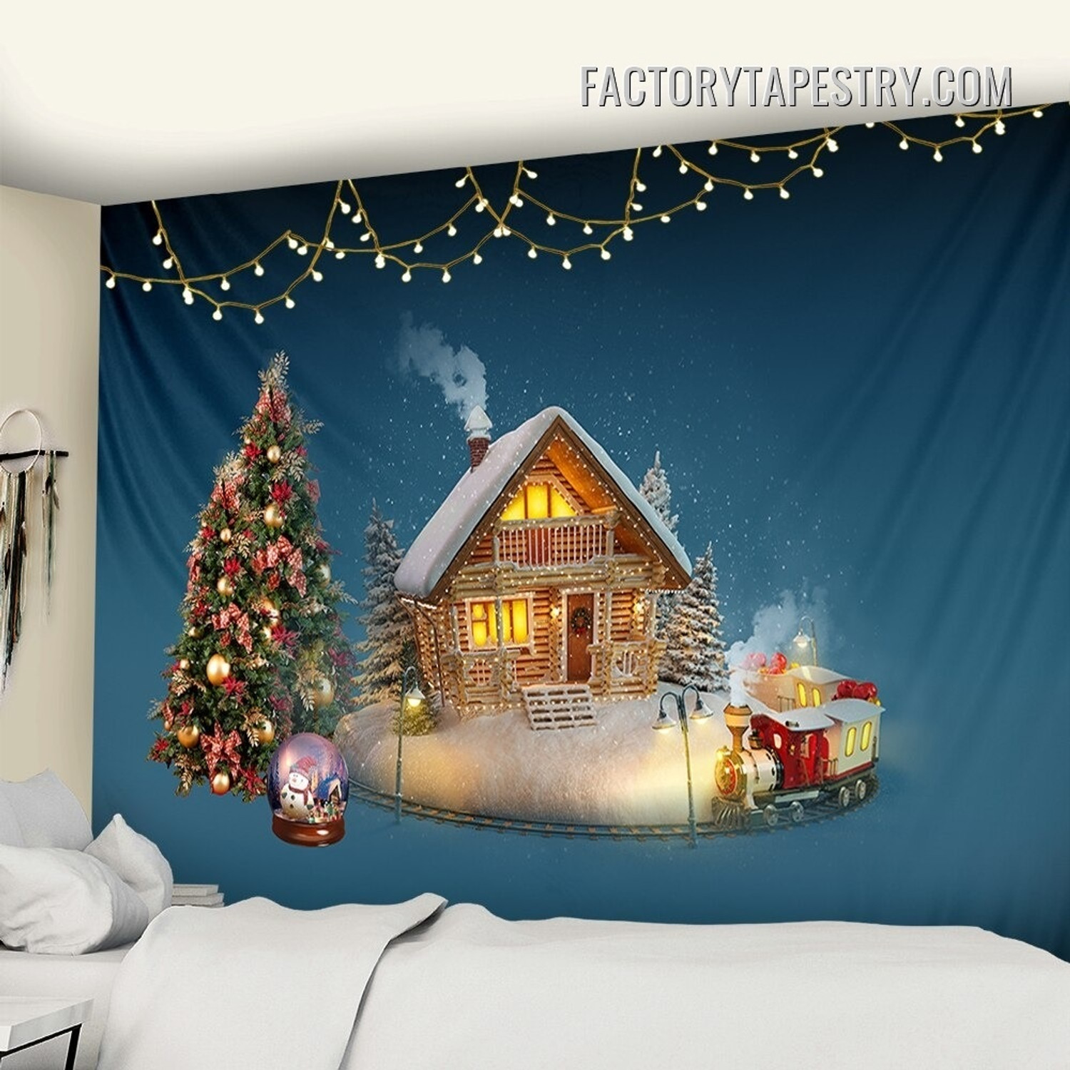 Winter House Christmas Occasion Landscape Modern Wall Hanging Tapestry for Living Room Decoration