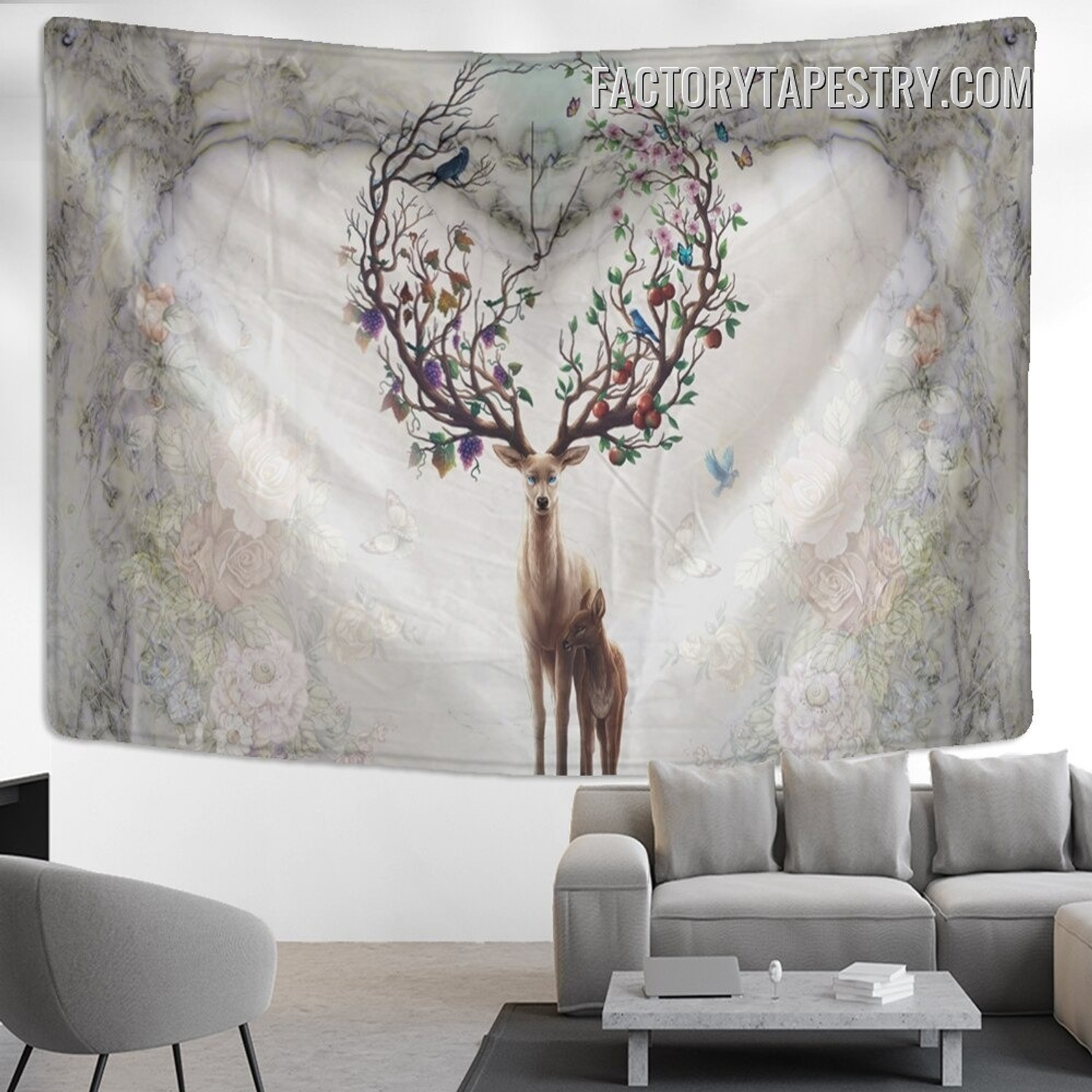 Mystical Forest Deer Fantasy Modern Animal Wall Hanging Tapestry for Living Room Decoration