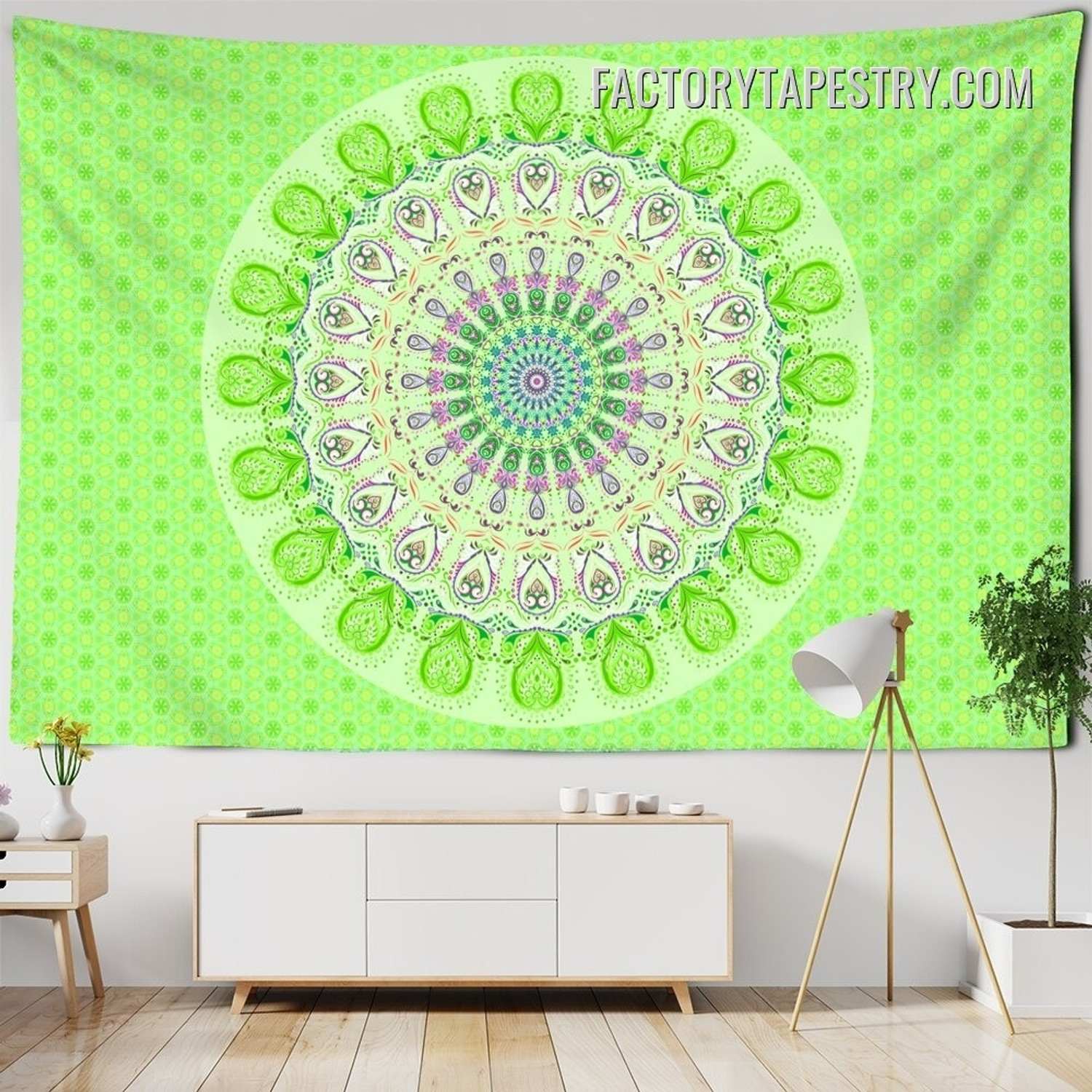 Green Mandala Design Bohemian Hippie Wall Hanging Tapestry for Bedroom Dorm Home Decoration