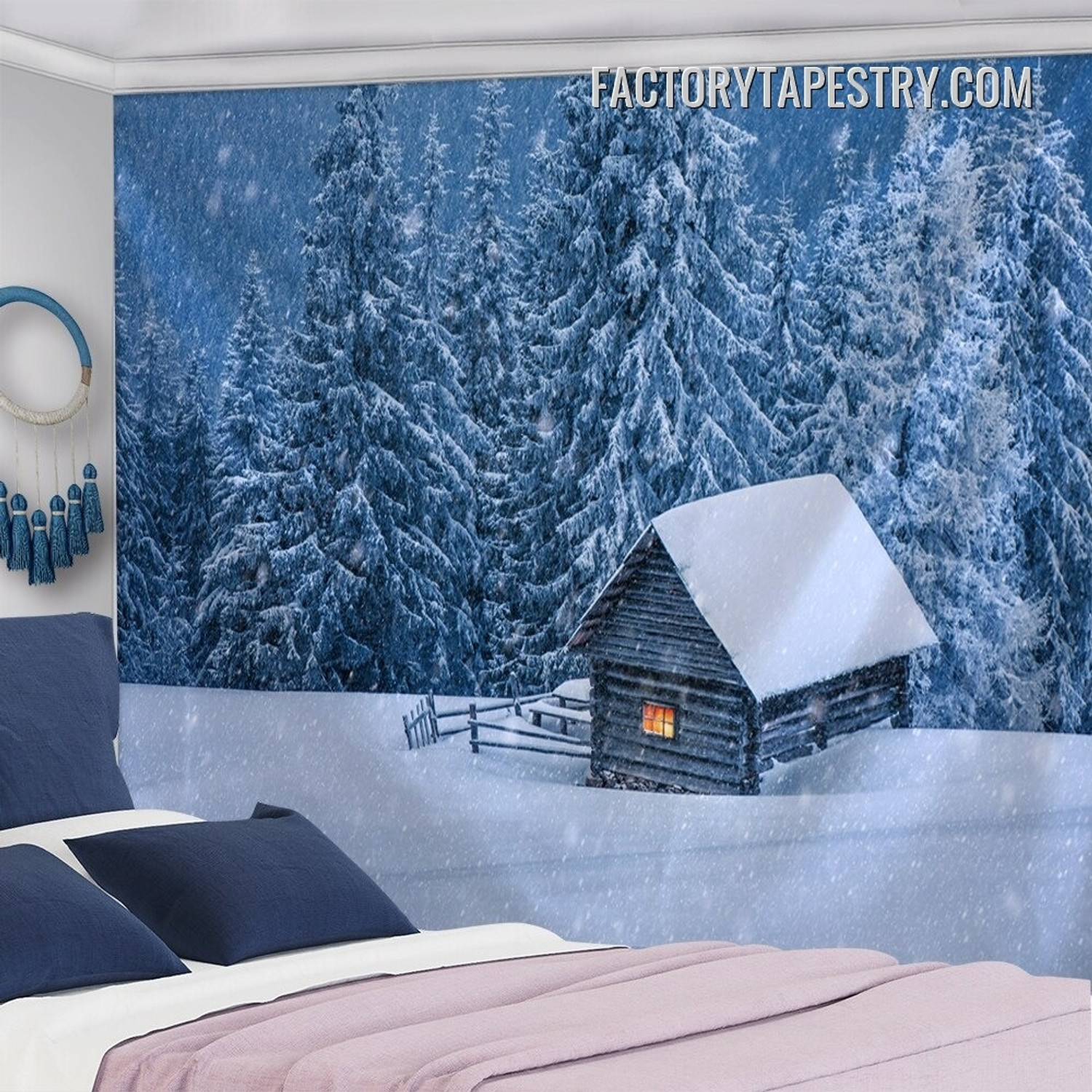 Snow Covered House Nature Landscape Modern Wall Art Tapestry for Living Room Decoration