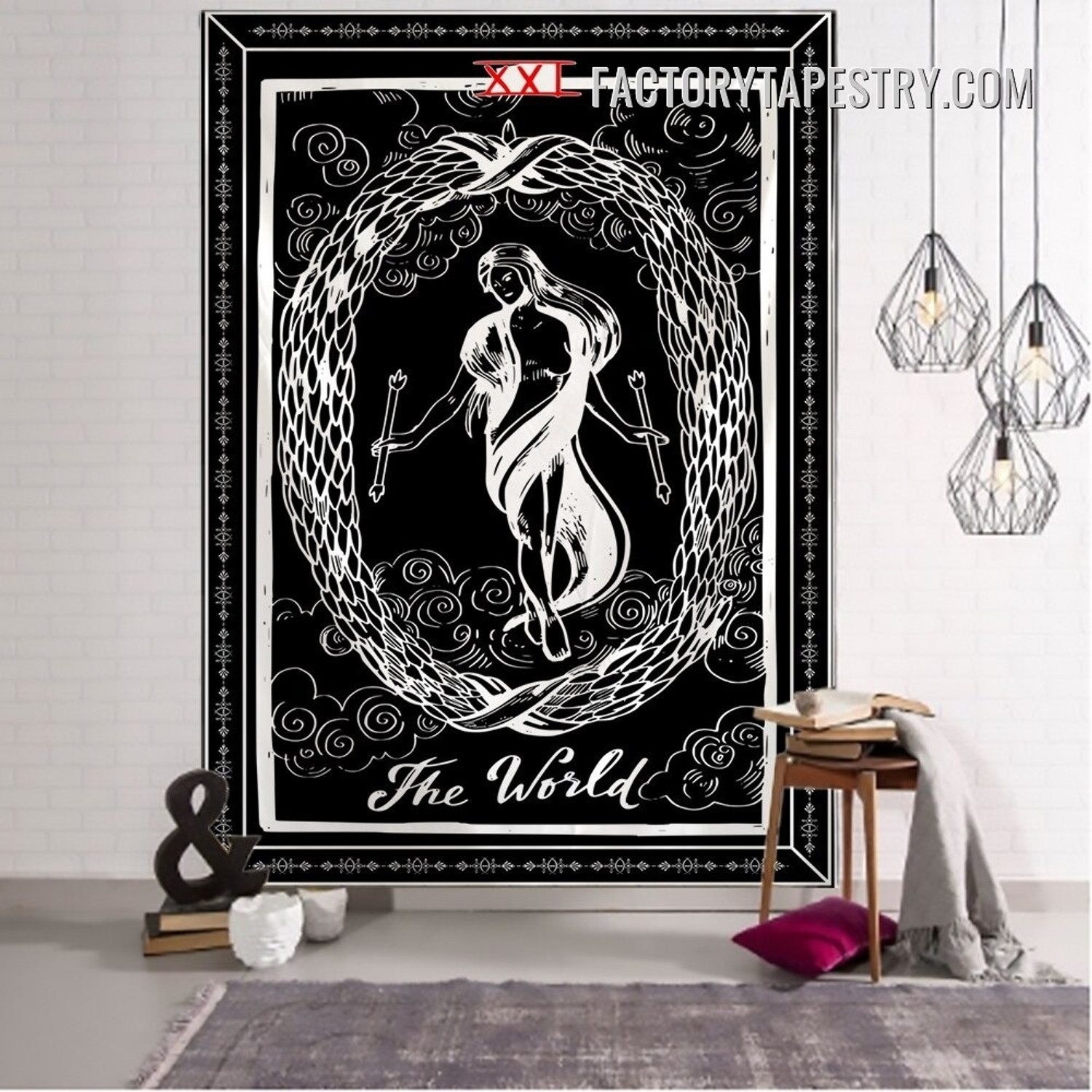 The World V Black and White Bohemian Witchcraft Tarot Wall Hanging Tapestry