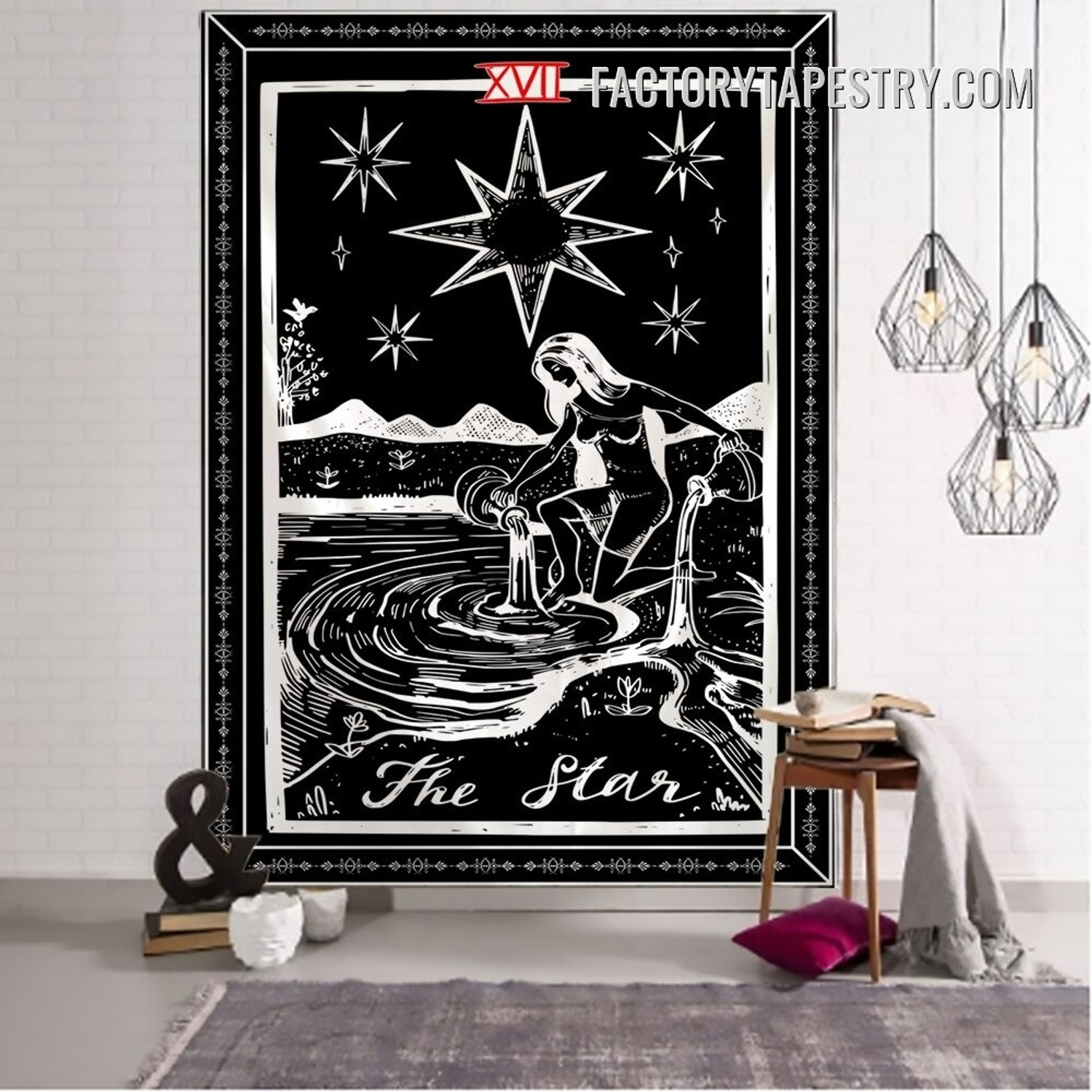 The Star IV Black and White Bohemian Witchcraft Tarot Wall Hanging Tapestry