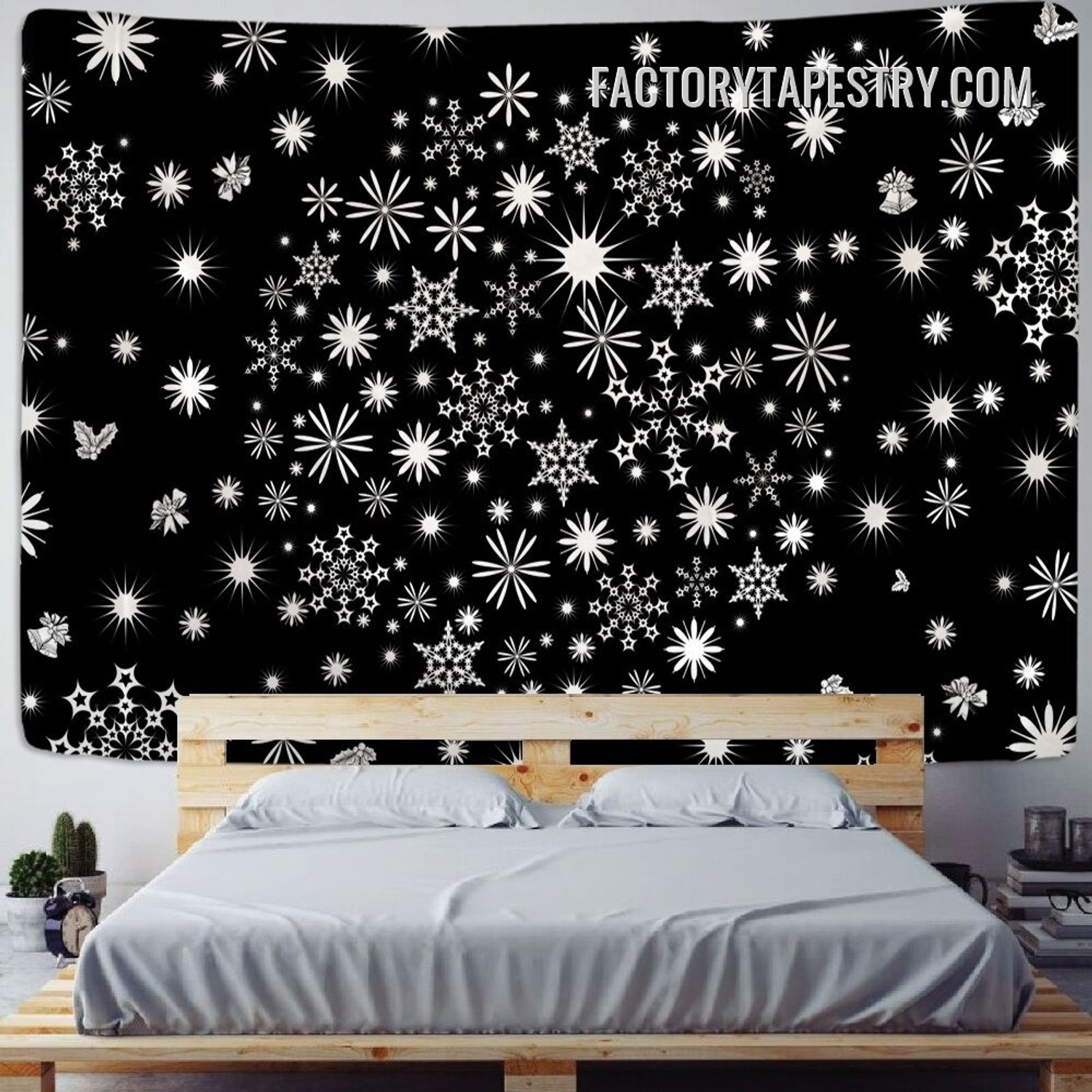 Black and White Snowflakes Christmas Modern Wall Art Tapestry for Bedroom Dorm Home Decoration
