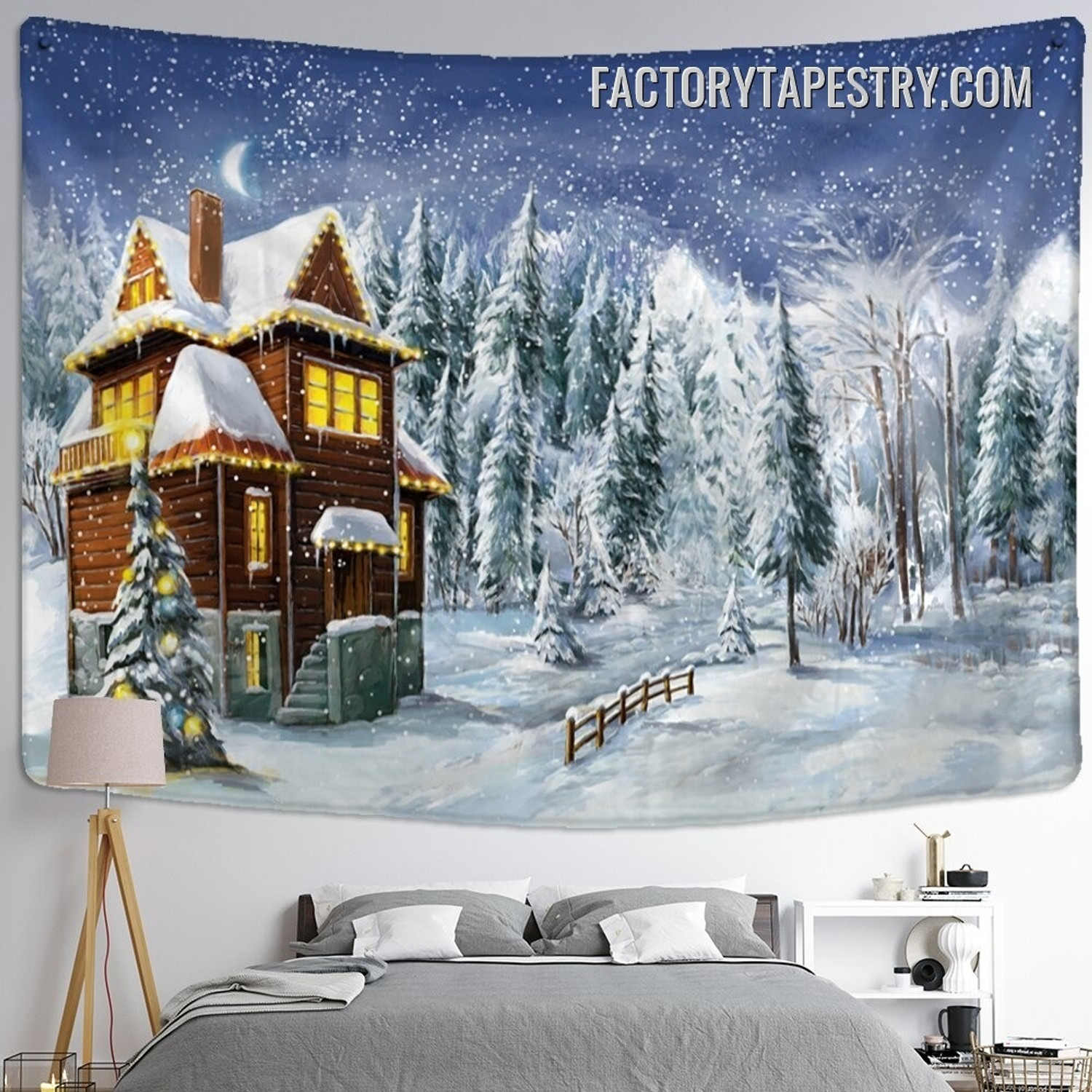 Winter Cottage Nature Landscape Modern Wall Hanging Tapestry for Bedroom Dorm Home Decoration