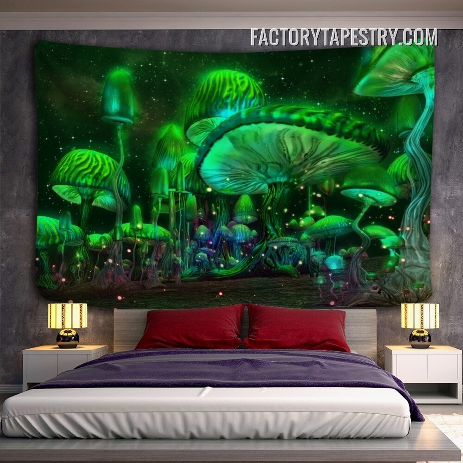 Green Luminous Mushrooms Fantasy Landscape Psychedelic Wall Hanging Tapestry for Home Decor