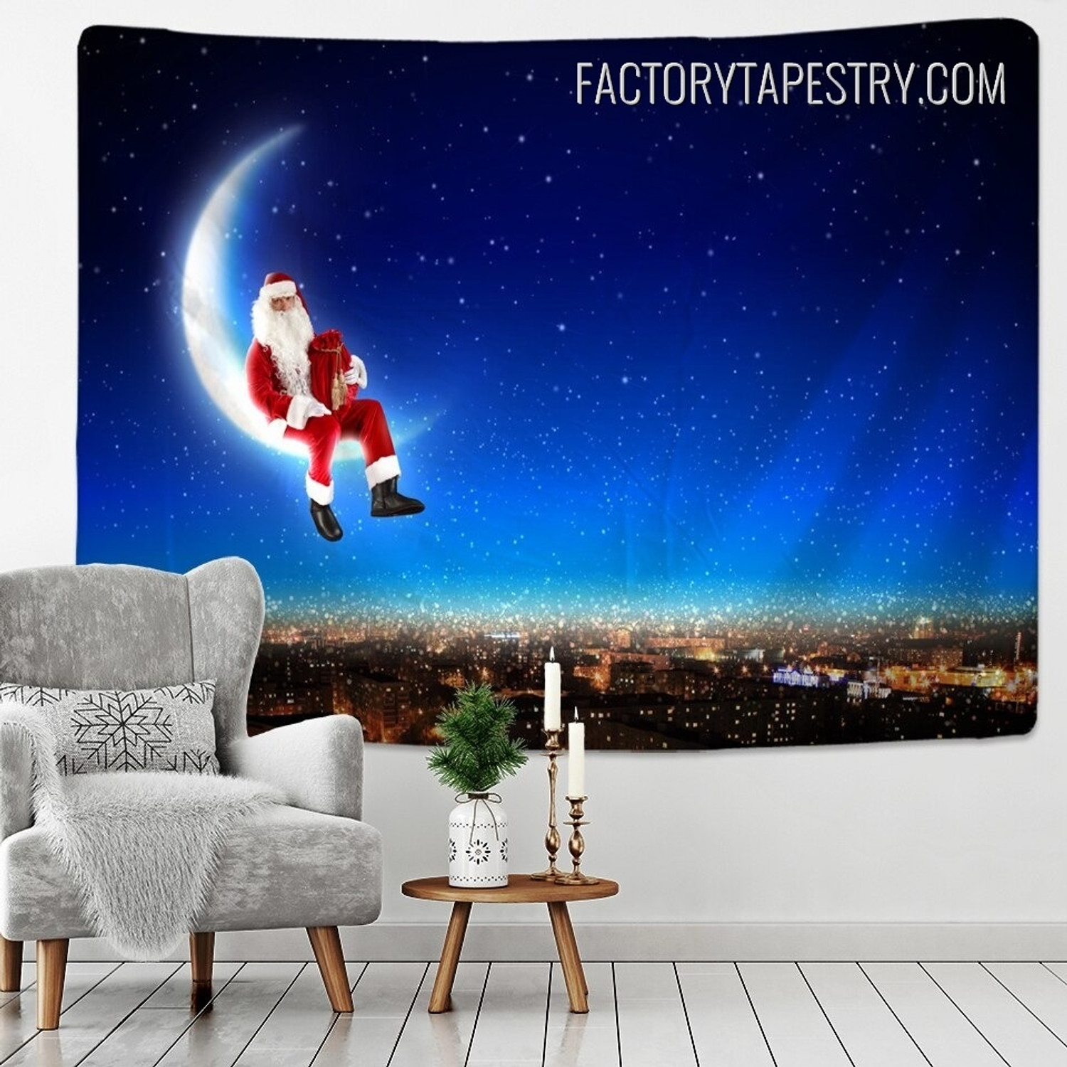 Santa on Moon Fantasy Christmas Occasion Night Modern Wall Hanging Tapestry for Home Decoration