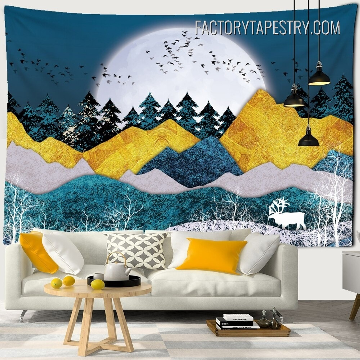 Moonlit Mountain Fantasy Landscape Nordic Wall Hanging Window Tapestry for Bedroom Decoration