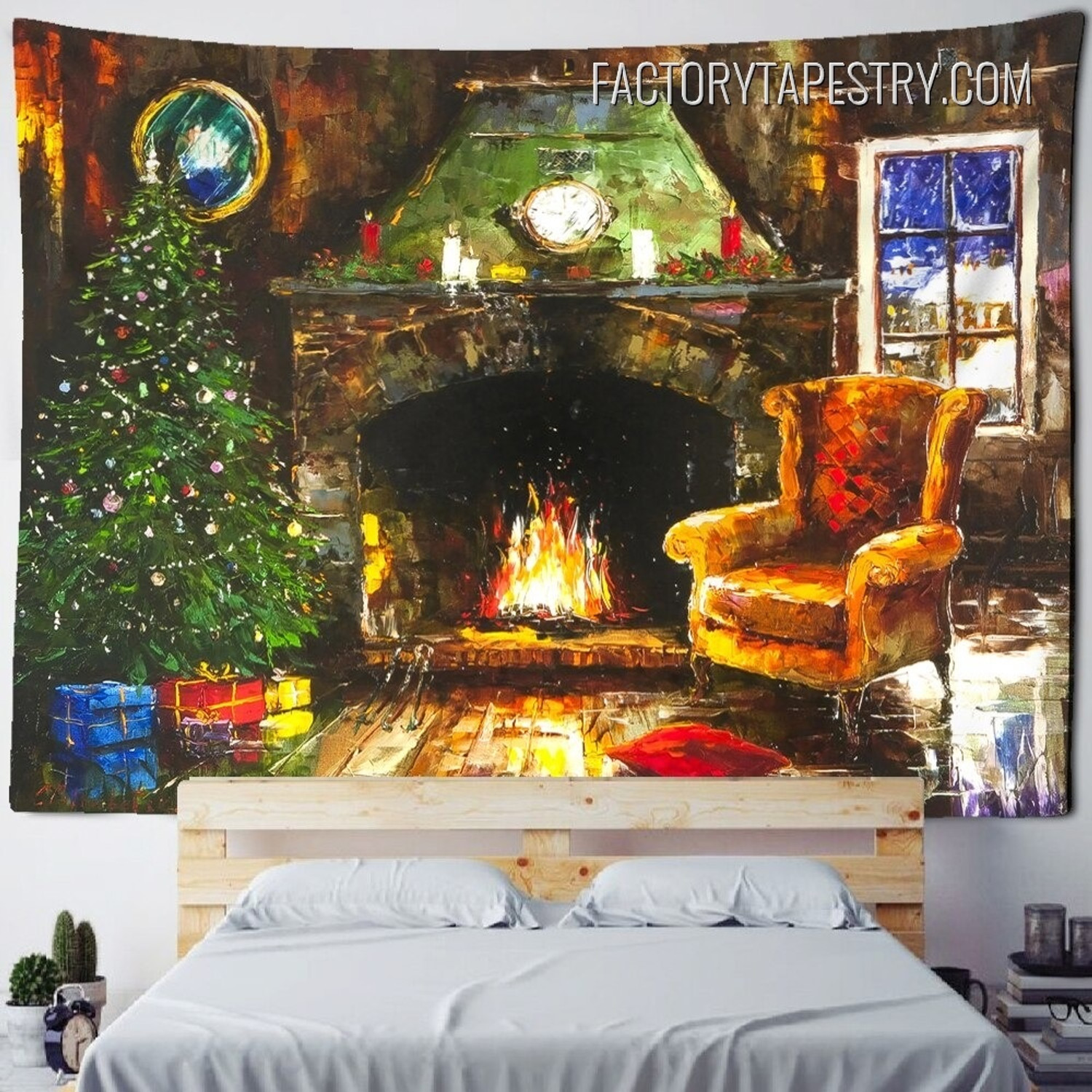 Christmas Eve Fireplace Retro Wall Art Tapestry for Room Decoration