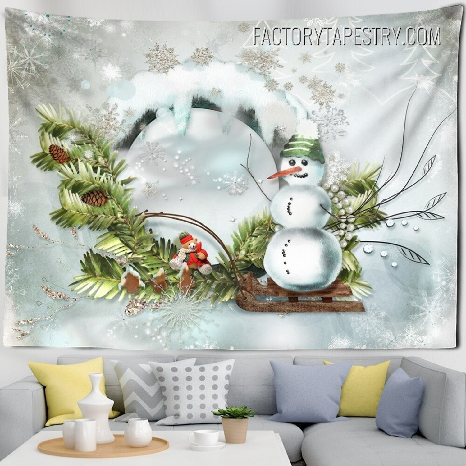 Cute Snowman Christmas Occasion Modern Wall Hanging Tapestry for Living Room Decoration