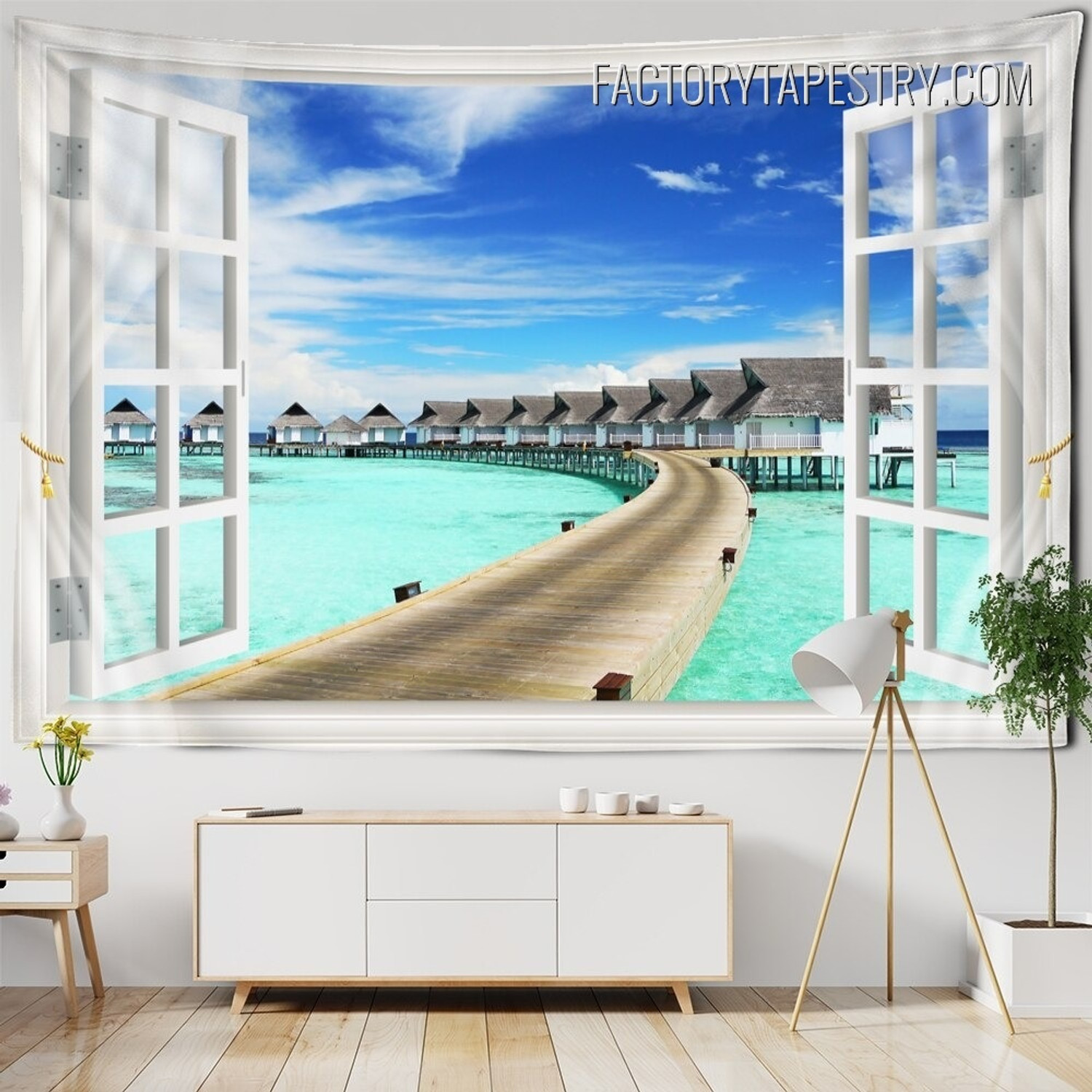 Water Huts Nature Landscape Modern Window Wall Hanging Tapestry for Bedroom Decoration