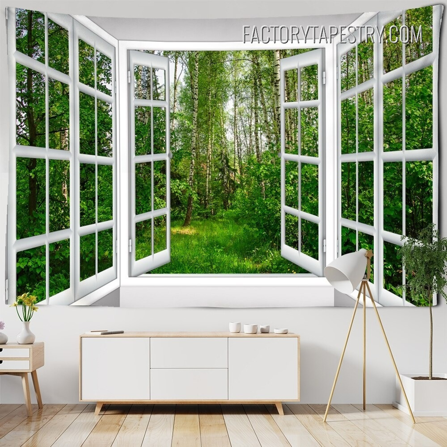 Window View Forest Landscape Modern Wall Hanging Tapestry for Living Room Decoration