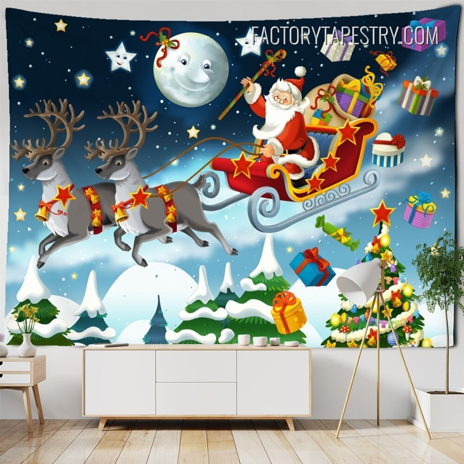Santa Flying with Reindeers Cartoon Illustration Christmas Landscape Modern Wall Hanging Tapestry for Bedroom Decoration