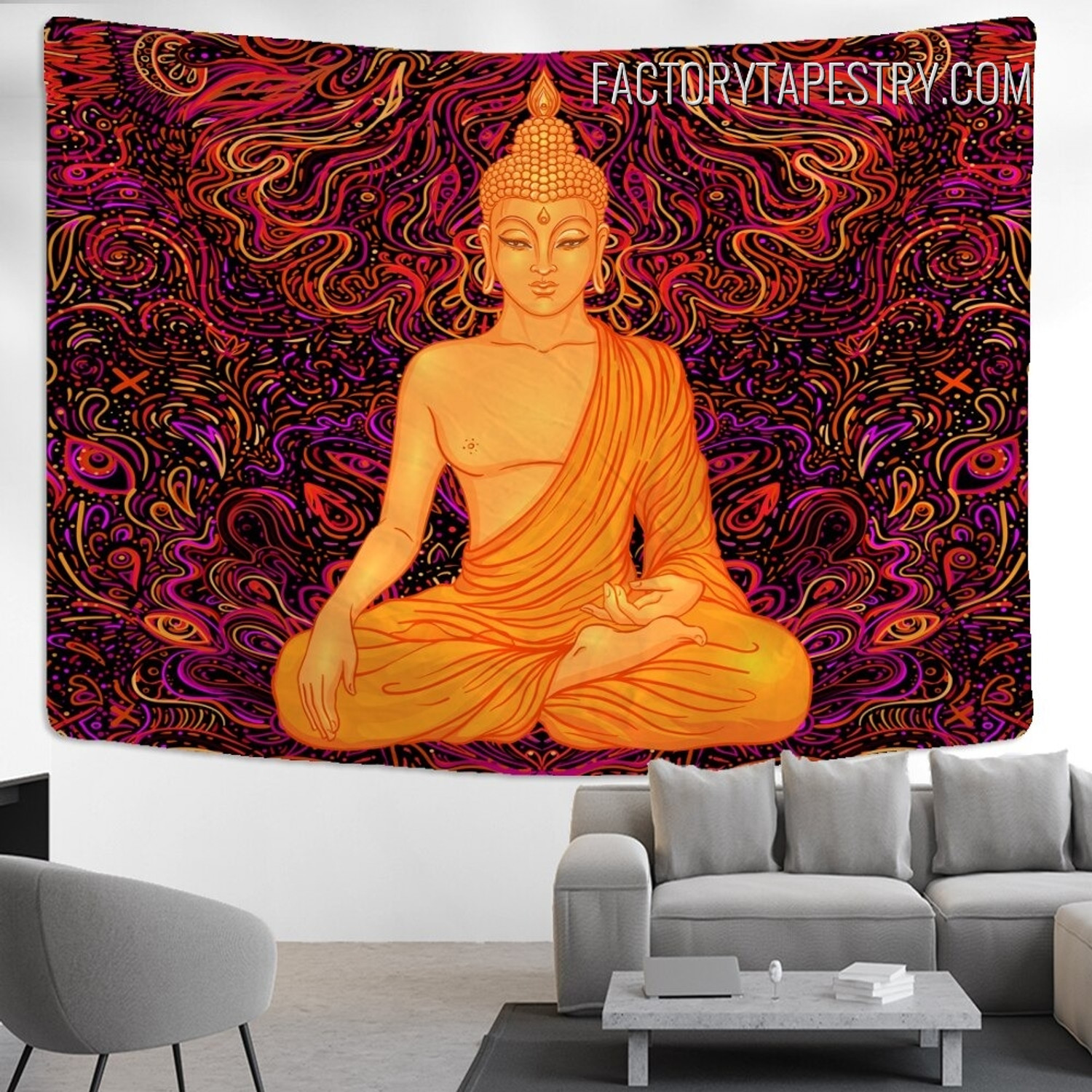 Meditating Buddha Spiritual Hippie Vector Illustration Psychedelic Wall Hanging Tapestry for Home Decor