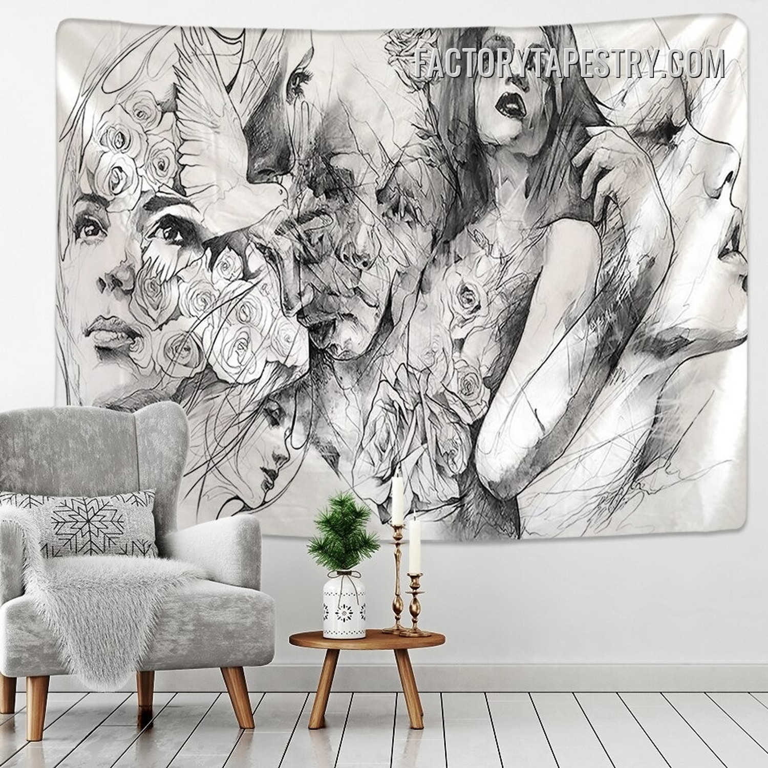 Women Face Boho Creative Line Draw Bohemian Tapestry Art