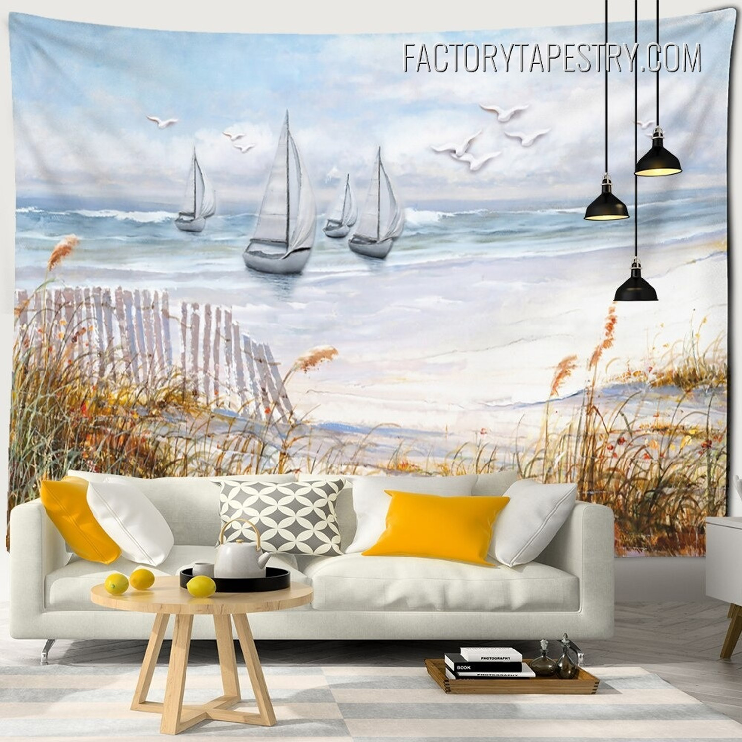 White Sailboats Abstract Oil Painting on Canvas Landscape Wall Art Tapestry for Room Decoration