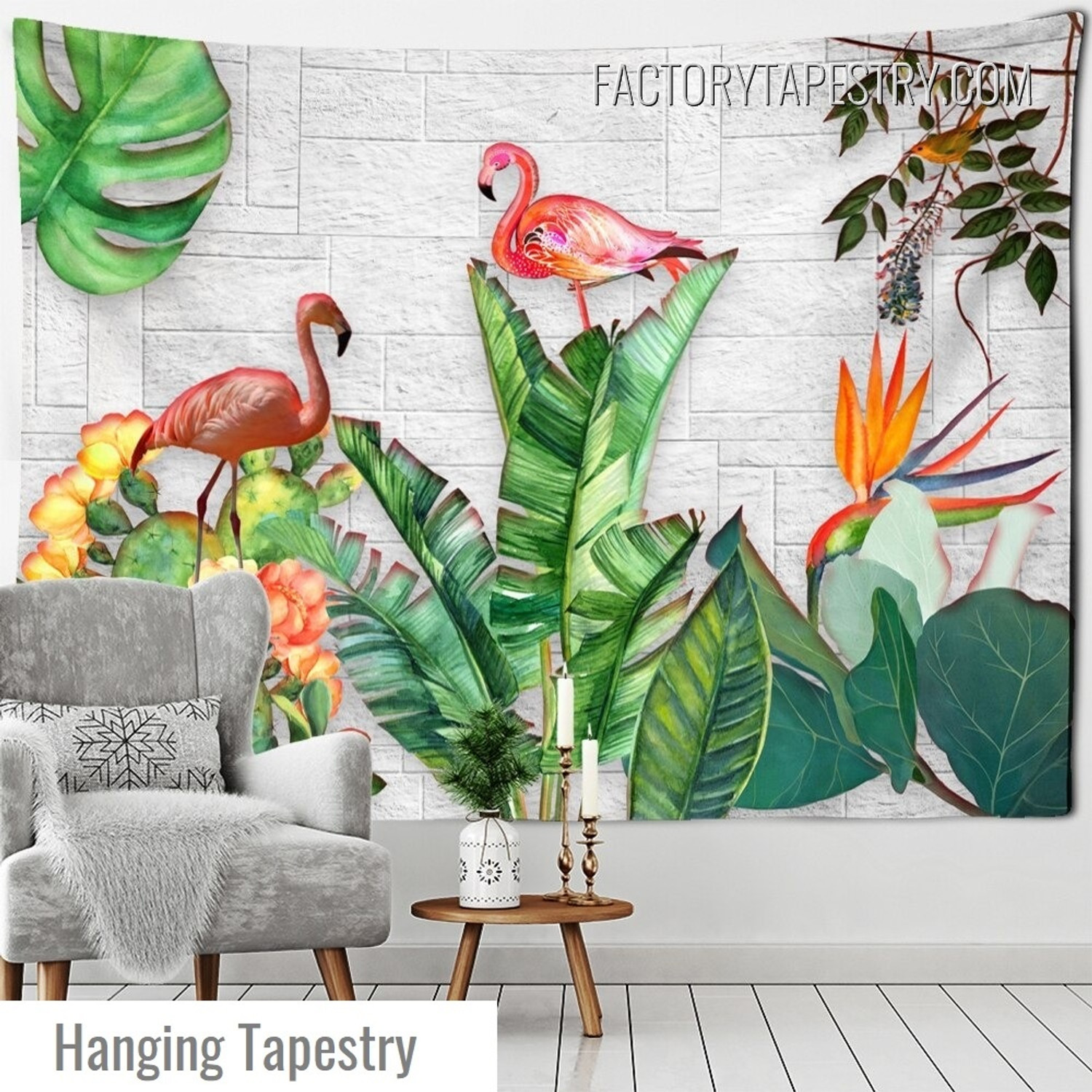 Tropical Green Plants Botanical Mural Flamingo Tapestry Retro Wall Hanging for Home Decoration