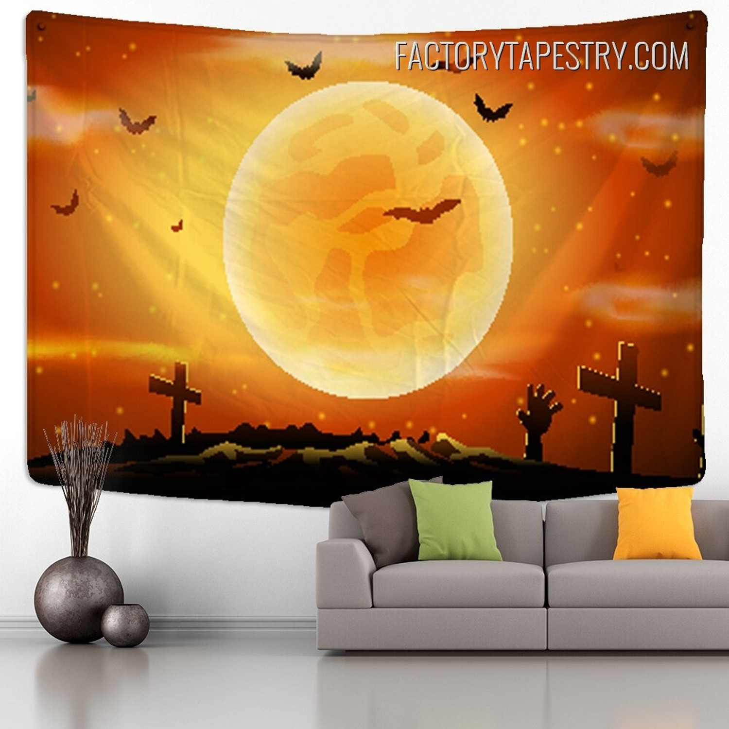 Orange Moon Fantasy Pumpkin Tapestry Modern Wall Art Tapestries for Halloween Décor